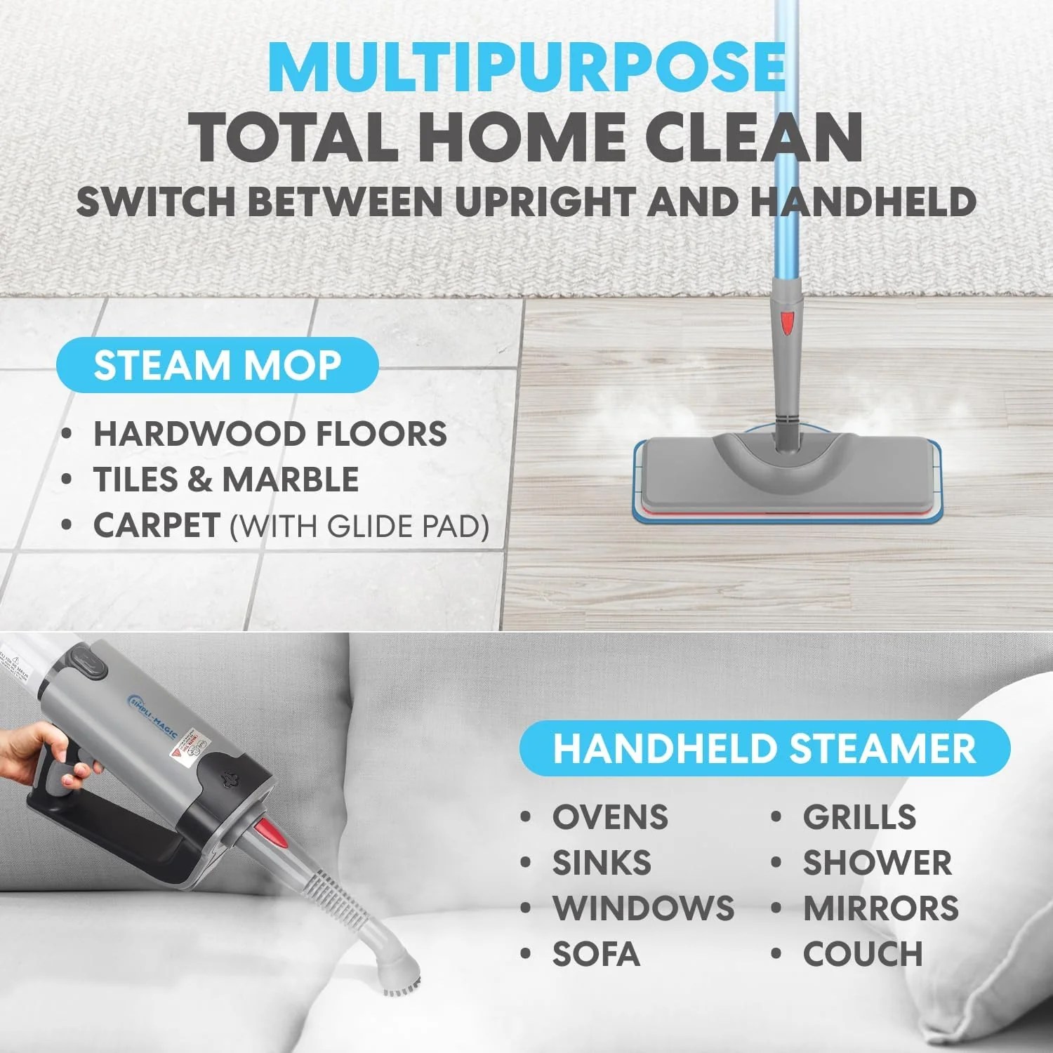 Simpli-Magic 10-in-1 Steam Mop with Detachable Handheld Steamer – Dual-Rod Design for Hardwood Floors. Grout. Walls & Tile Cleaning – Ultra Fast Heating. 3 Steam Modes. 2 Washable Pads. 16FT Cord