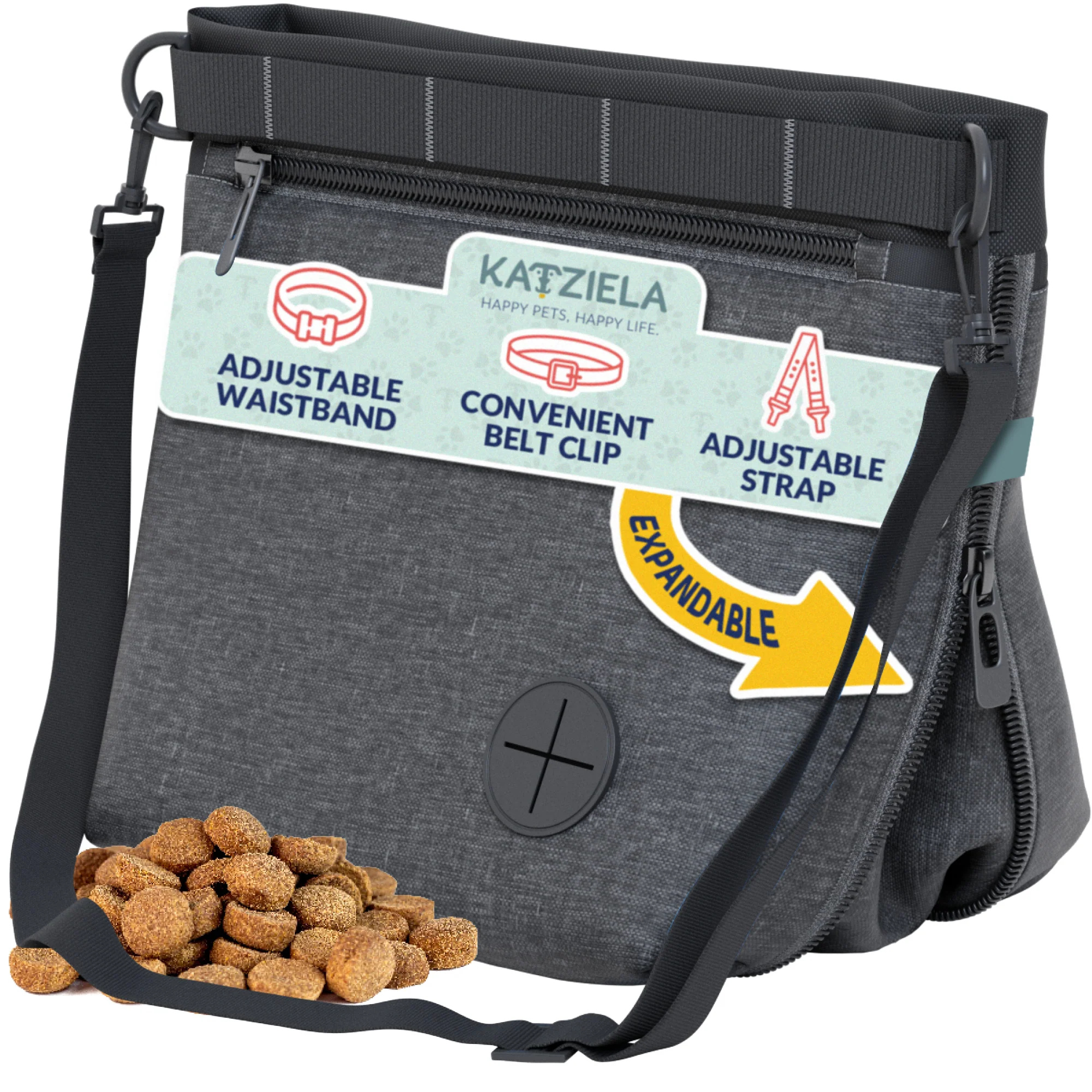 Katziela Expandable Pet Treat Pouch – Hands Free Dog Treat Pouch. Quick Access Magnet Closure – Anti Spill Dog Treat Bag – Treat Pouches for Pet Training. Adjustable Shoulder Strap & Belt Clip