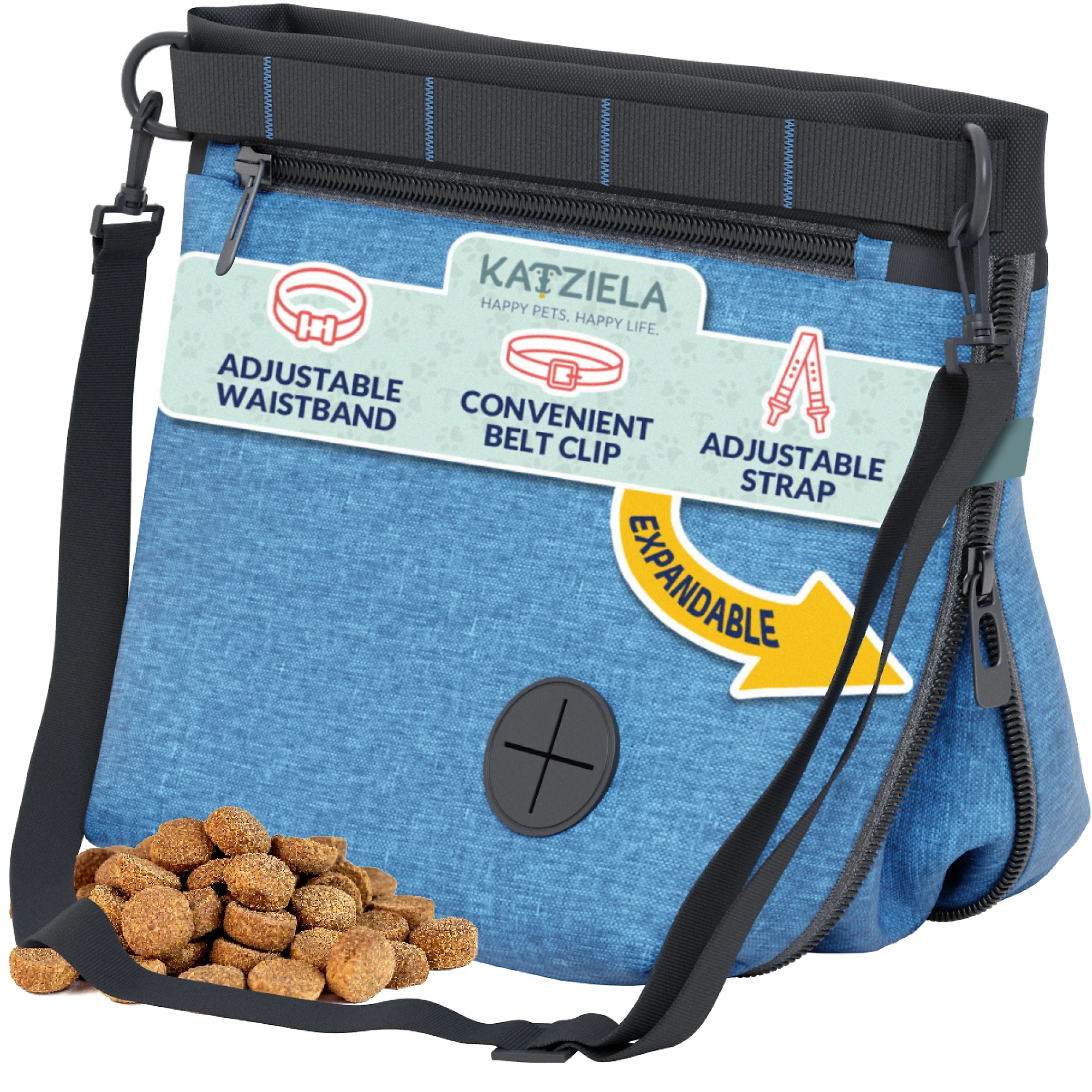 Katziela Expandable Pet Treat Pouch - Hands Free Dog Treat Pouch. Quick Access Magnet Closure - Anti Spill Dog Treat Bag - Treat Pouches for Pet Training. Adjustable Shoulder Strap & Belt Clip