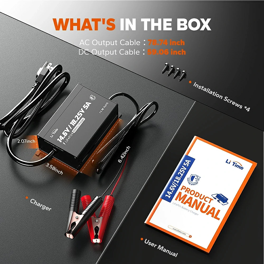 LiTime 12V(14.6V) & 16V(18.25V) 5A Waterproof Lithium Battery Charger