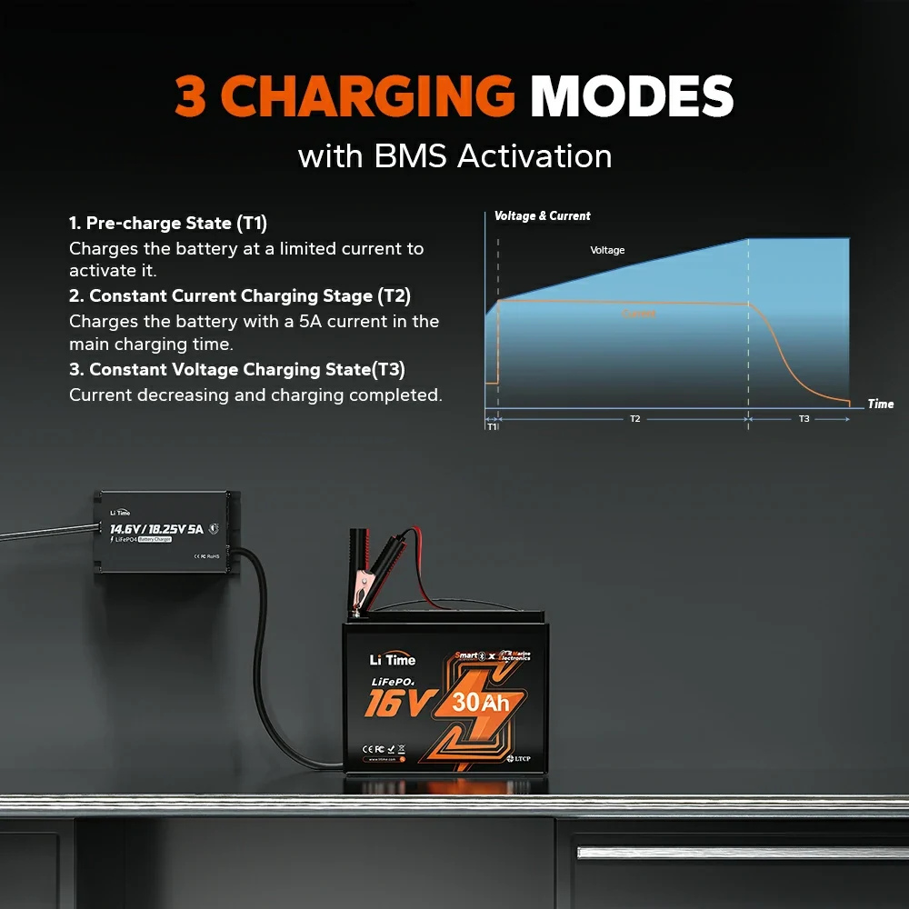 LiTime 12V(14.6V) & 16V(18.25V) 5A Waterproof Lithium Battery Charger