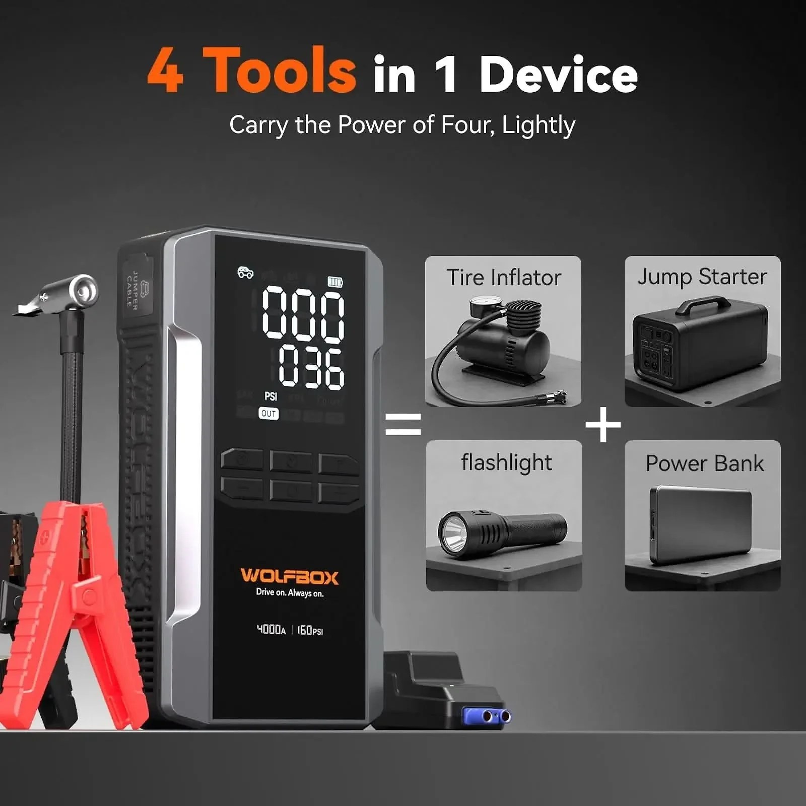 4-in-1 Jump Starter with Air Compressor Tire Inflator | Exclusive 30-Month Warranty– Wolfbox MegaVolt 24Air