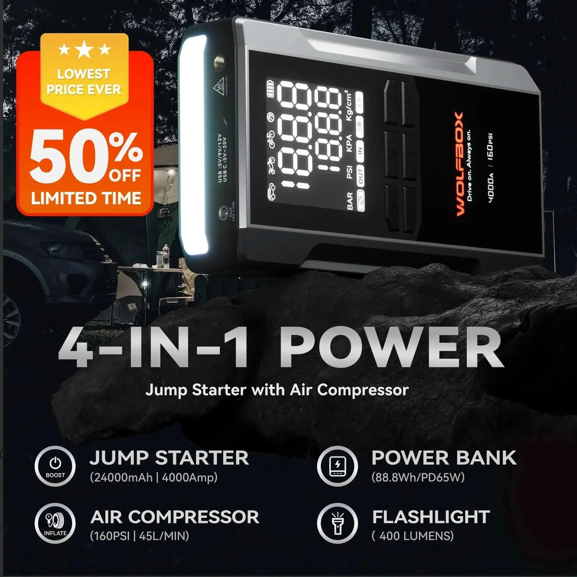 4-in-1 Jump Starter with Air Compressor Tire Inflator | Exclusive 30-Month Warranty– Wolfbox MegaVolt 24Air