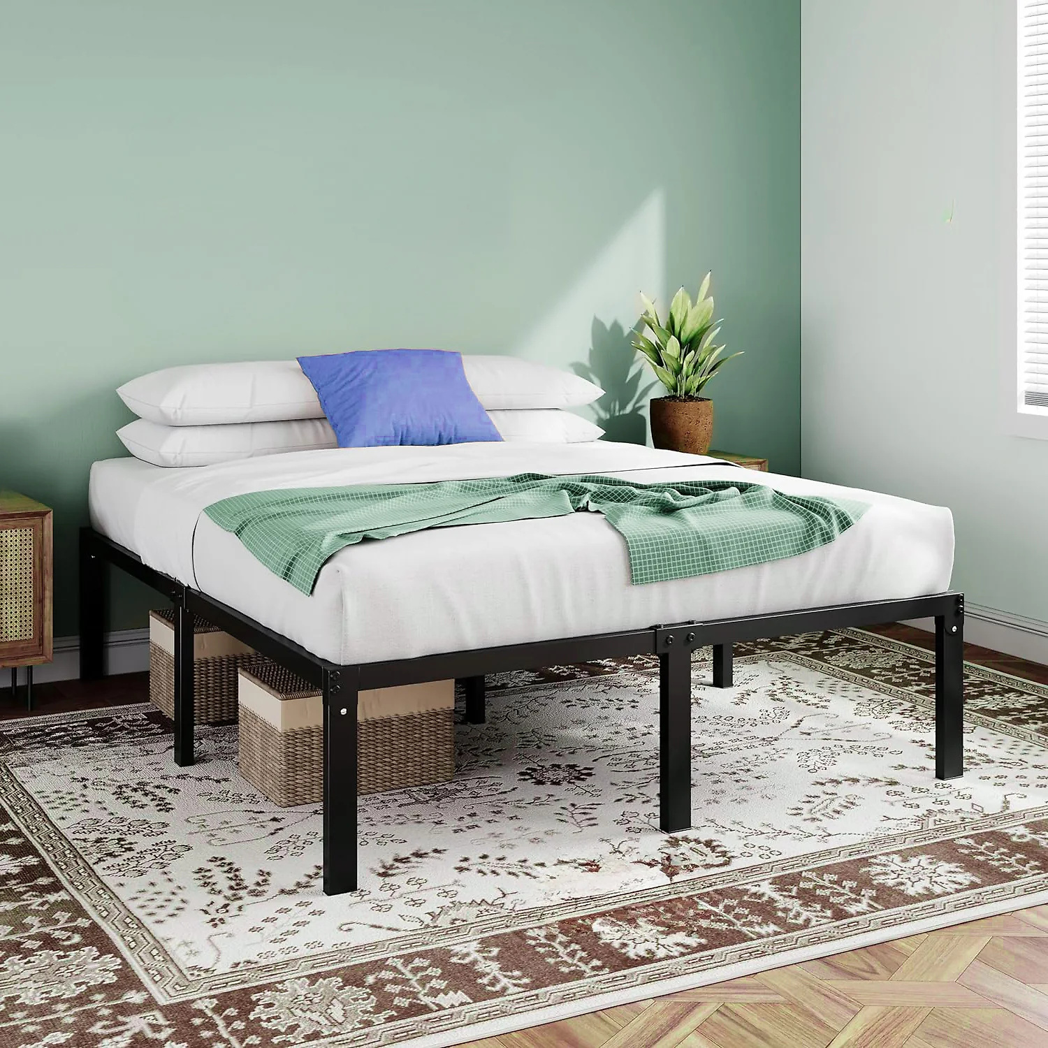 (Discontinued) Heavy Duty Metal Platform Bed Frame with Extra Large Underbed Storage. No Springs Required
