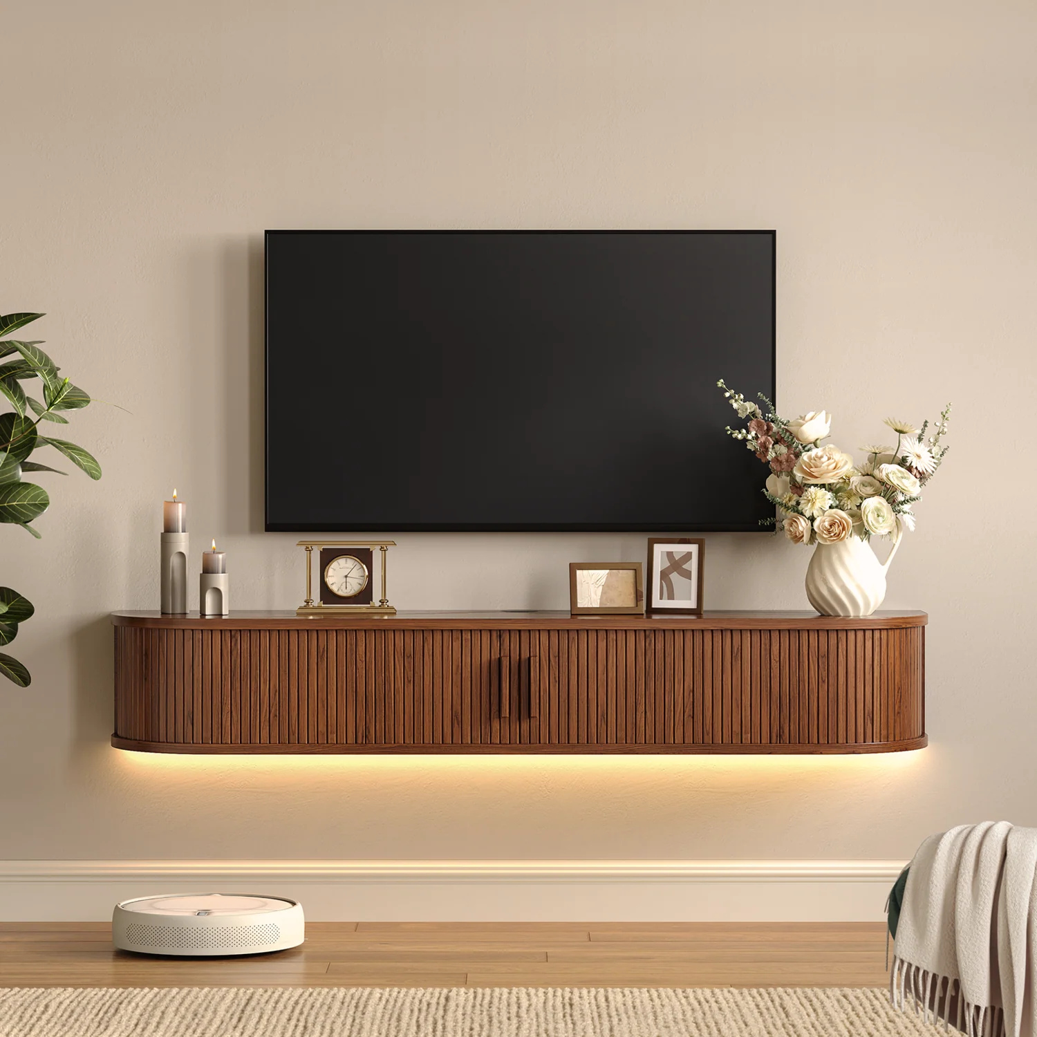 (Back in Stock in October) Floating TV Stand with LED Light. 55 Wall Mounted Entertainment Center with Storage and Power Outlet