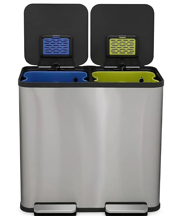 70 Liter / 18.5 Gallon Rectangular Hands-Free Dual Compartment Recycling Kitchen Step Trash Can with Soft-Close Single Lid. Stainless Steel (40L x 30 L Capacity) Stainless Steel Finish