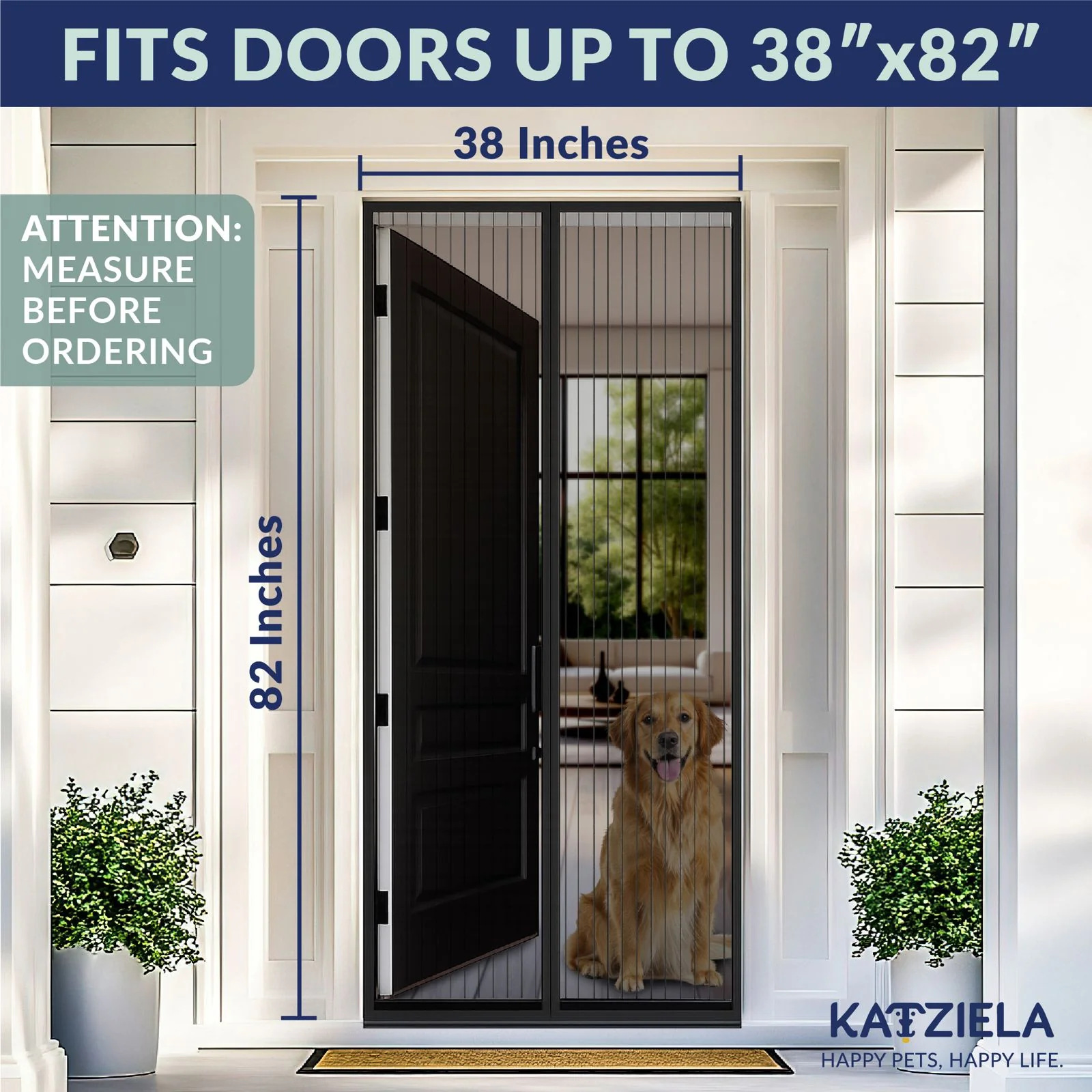 Katziela Magnetic Screen Door 38×83 – Pet & Kid-Friendly Mesh with Extra Bottom Magnets – Heavy-Duty. Hands-Free Closure. Keeps Bugs Out & Lets Fresh Air In