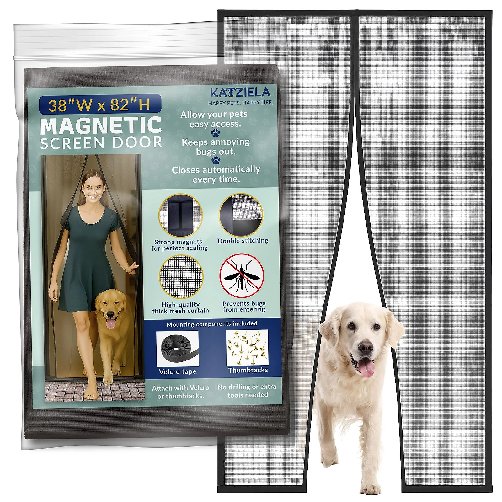 Katziela Magnetic Screen Door 38x83 – Pet & Kid-Friendly Mesh with Extra Bottom Magnets – Heavy-Duty. Hands-Free Closure. Keeps Bugs Out & Lets Fresh Air In
