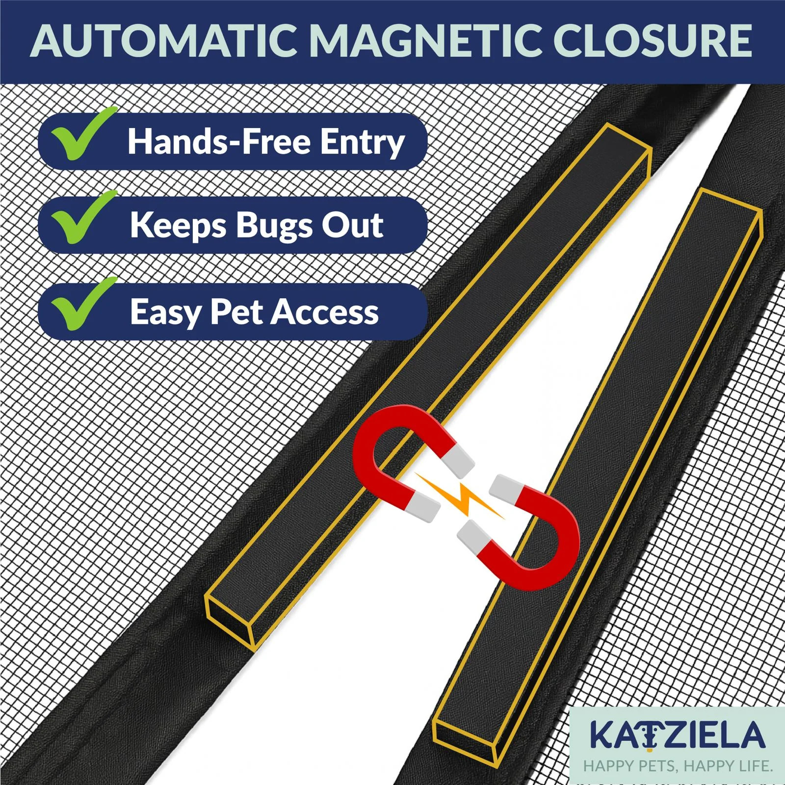 Katziela Magnetic Screen Door 38×83 – Pet & Kid-Friendly Mesh with Extra Bottom Magnets – Heavy-Duty. Hands-Free Closure. Keeps Bugs Out & Lets Fresh Air In