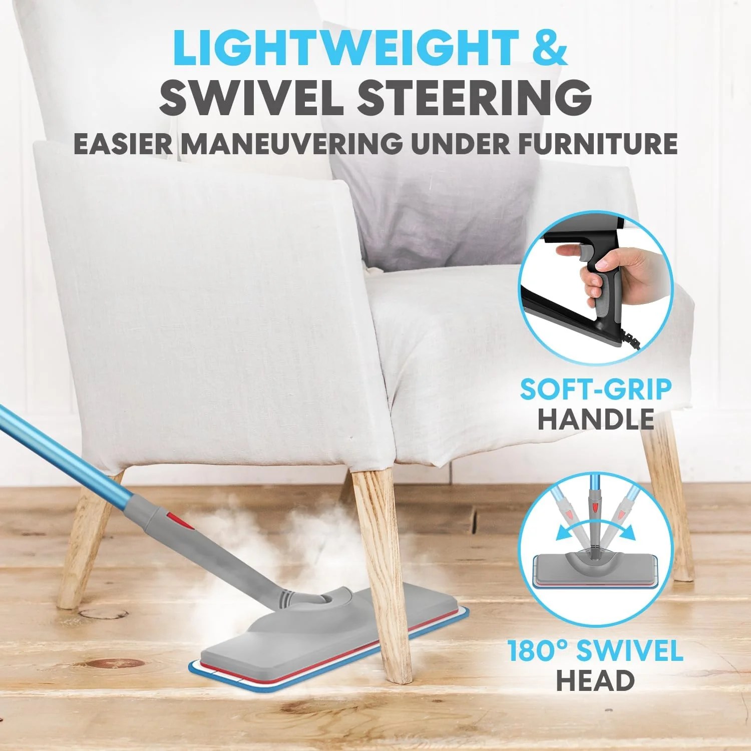 Simpli-Magic 10-in-1 Steam Mop with Detachable Handheld Steamer – Dual-Rod Design for Hardwood Floors. Grout. Walls & Tile Cleaning – Ultra Fast Heating. 3 Steam Modes. 2 Washable Pads. 16FT Cord