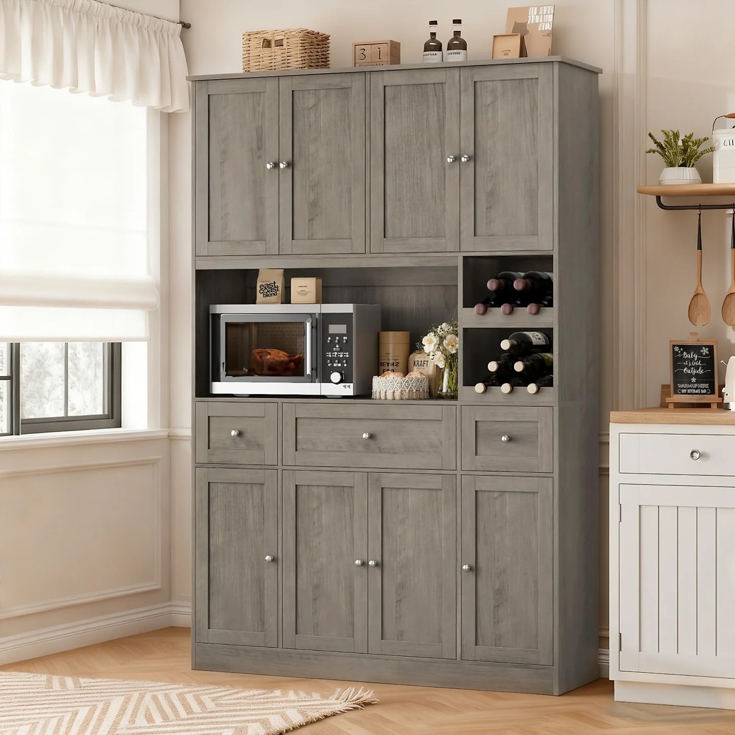 (Discontinued)  72 Tall Kitchen Hutch with Storage. Pantry Cabinet with Drawers. 5-Door Buffet Sideboard with Wine Rack & Large Countertop