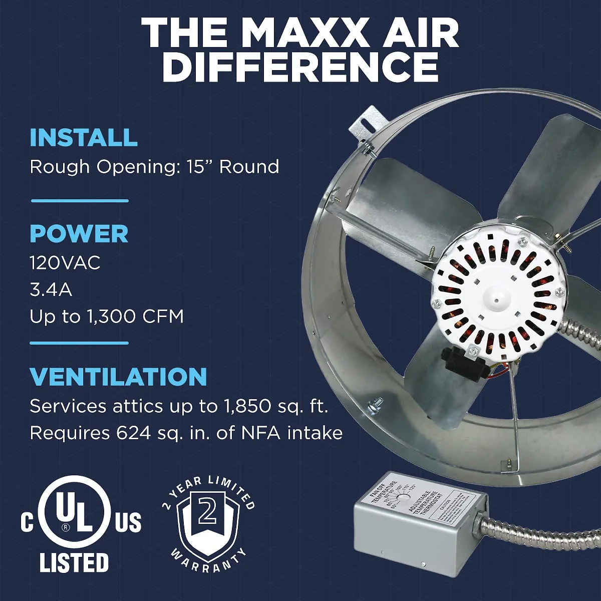 1.300 CFM Gable Mount Power Attic Ventilator