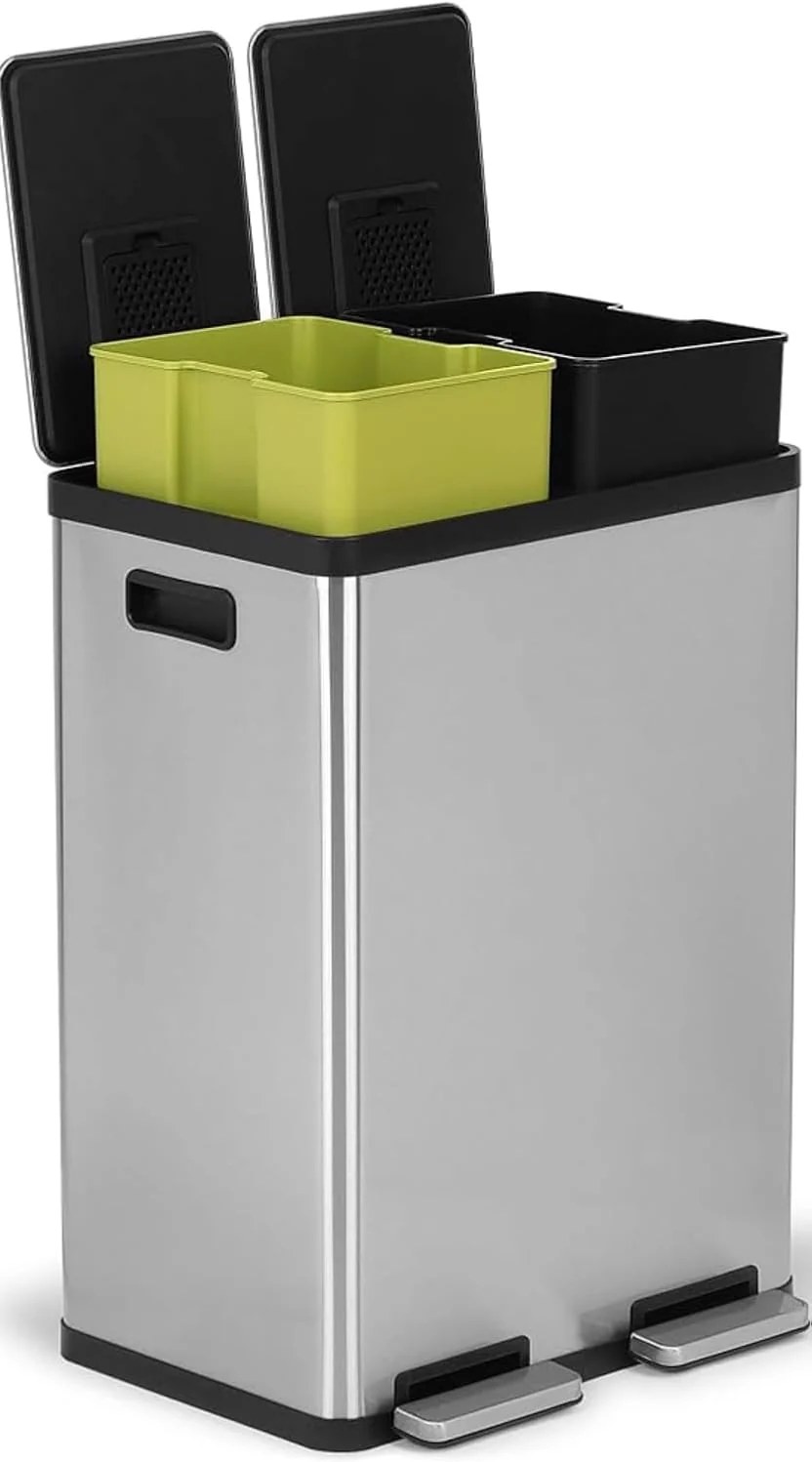 SIMPLI-MAGIC 16 Gallon (60L) Step Trash Can – Dual Compartment Kitchen Garbage Can With Waste & Recycling Bins – Slow-Close Lid. Odor Control. Hands-Free. Inner Bases. Premium Stainless Steel
