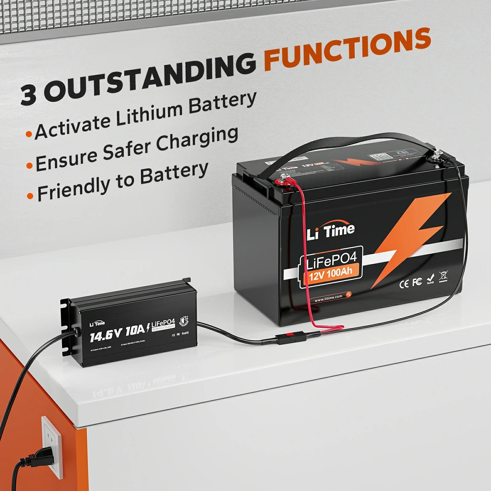 LiTime 12V (14.6V) 10A Lithium Battery Charger IP65 Waterproof