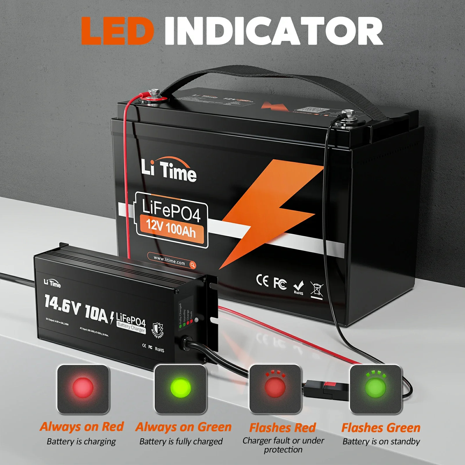 LiTime 12V (14.6V) 10A Lithium Battery Charger IP65 Waterproof