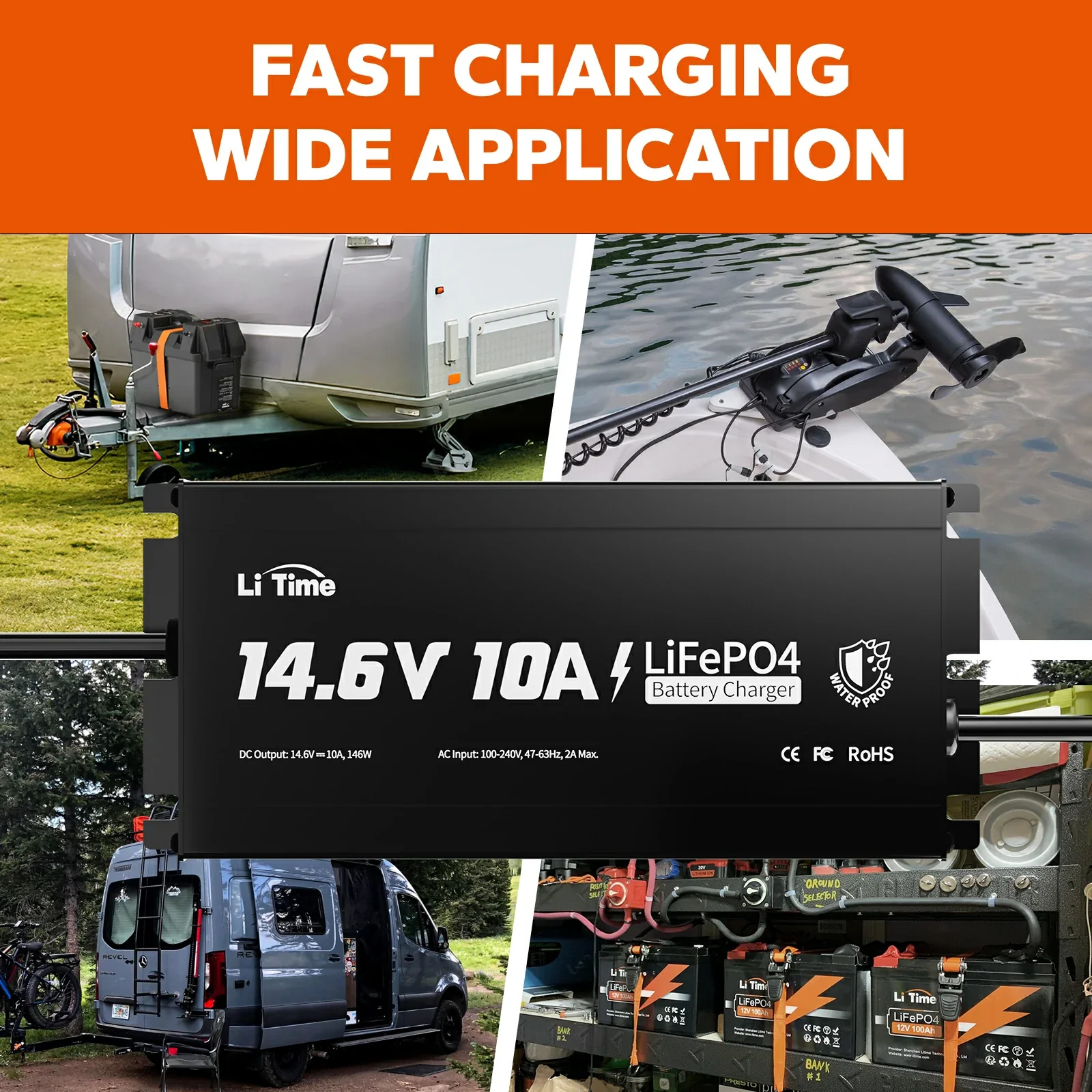 LiTime 12V (14.6V) 10A Lithium Battery Charger IP65 Waterproof