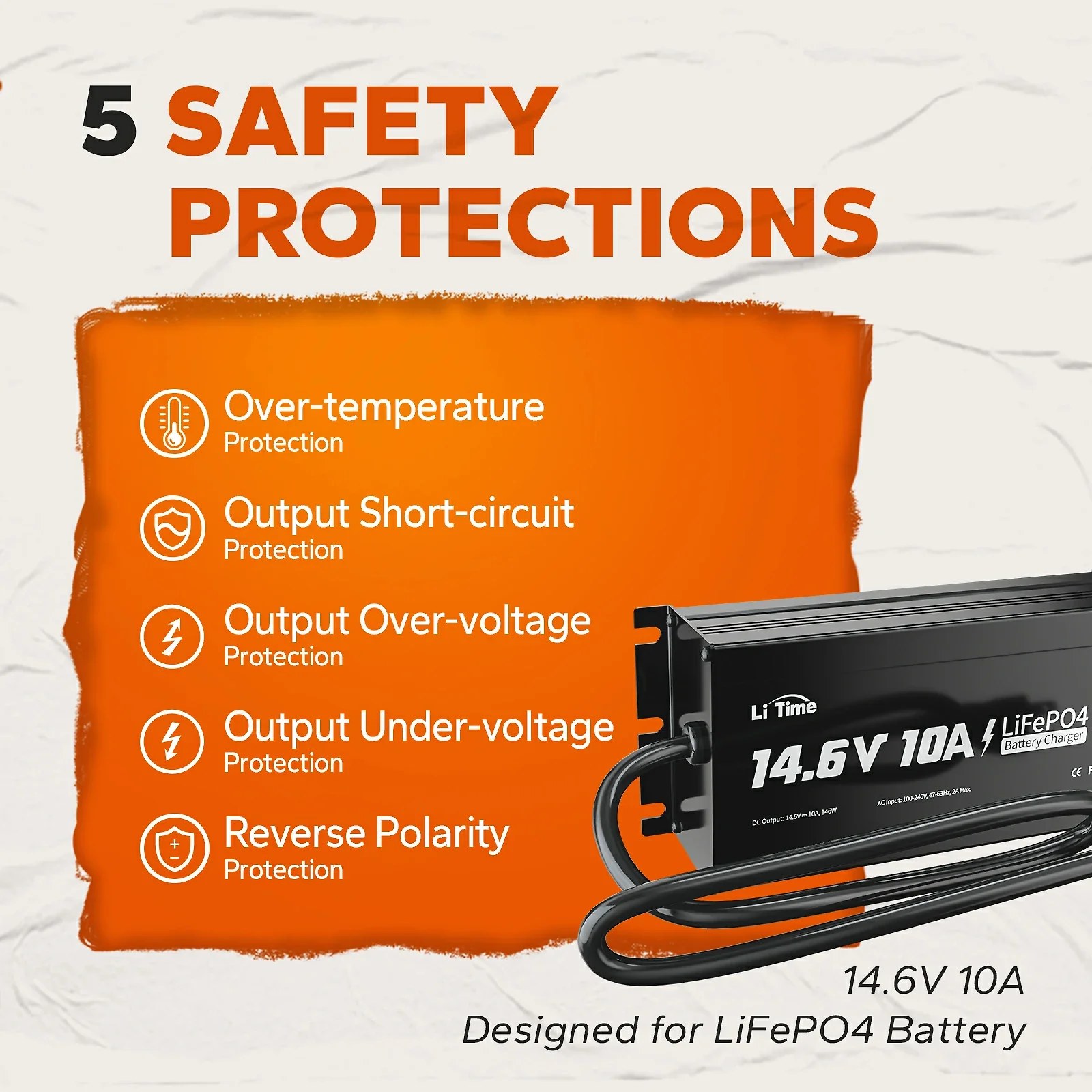 LiTime 12V (14.6V) 10A Lithium Battery Charger IP65 Waterproof