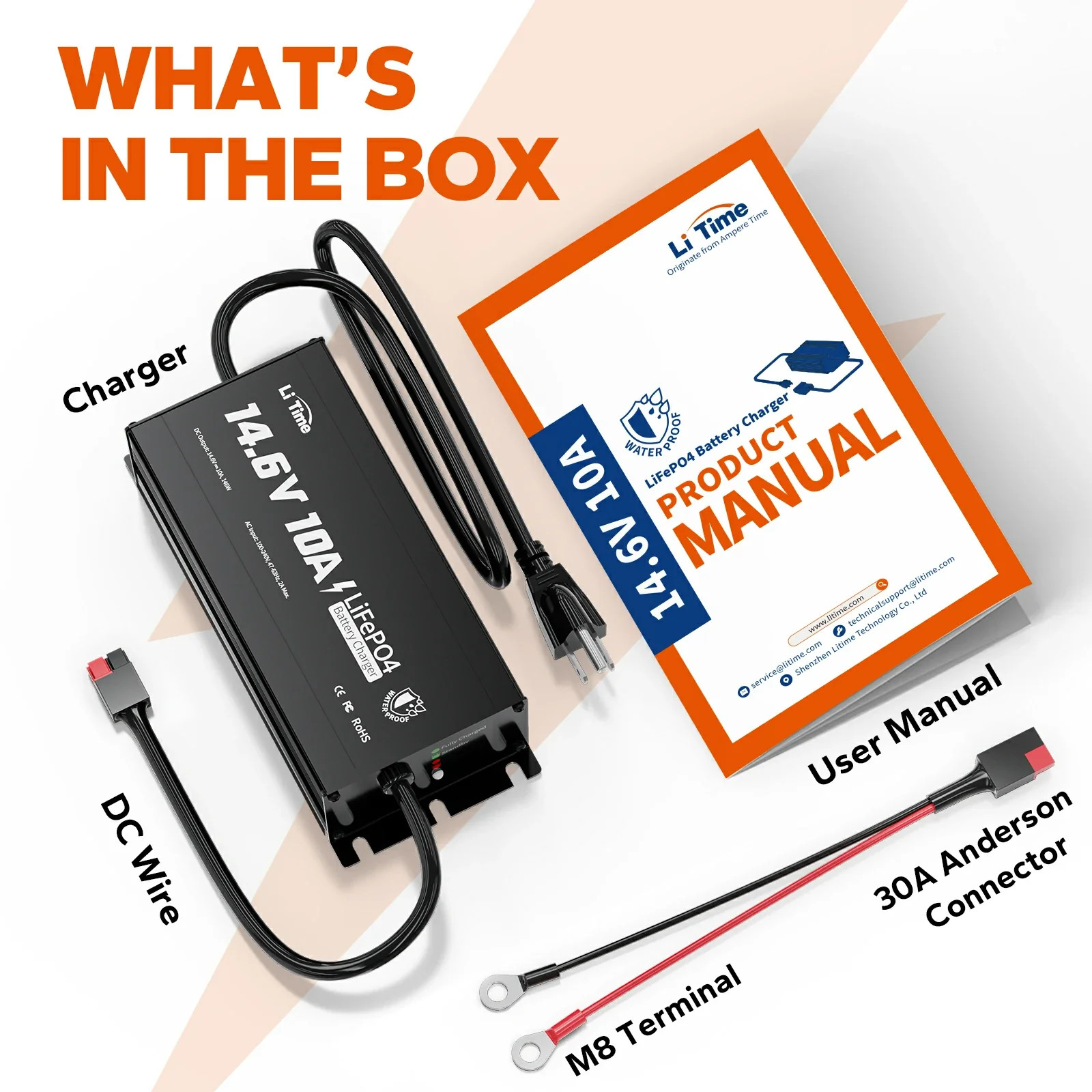 LiTime 12V (14.6V) 10A Lithium Battery Charger IP65 Waterproof