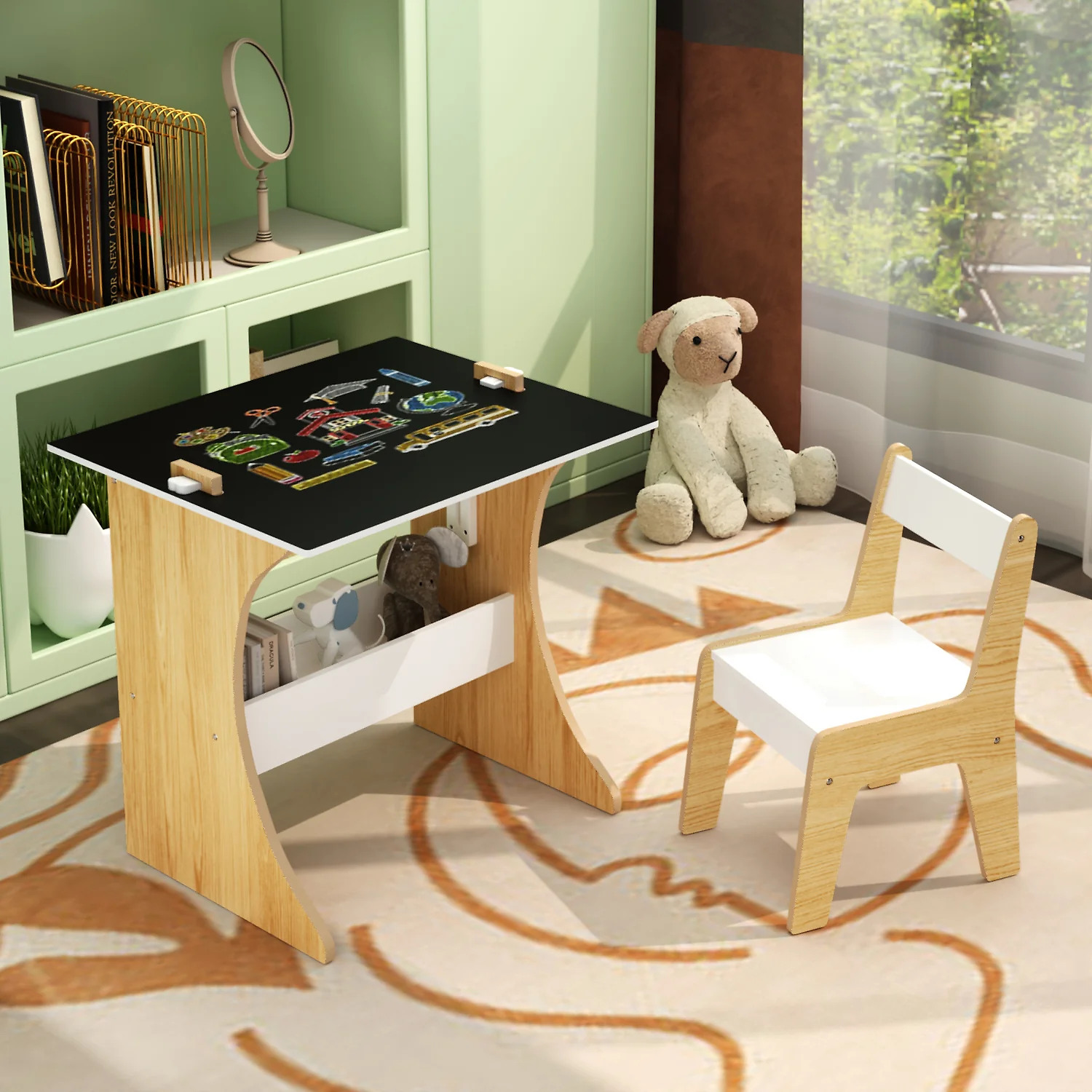 (Discontinued) Kids Table and Chair Set. 2 in 1 Kids Activity Table with Reversible Tabletop and Storage Shelf