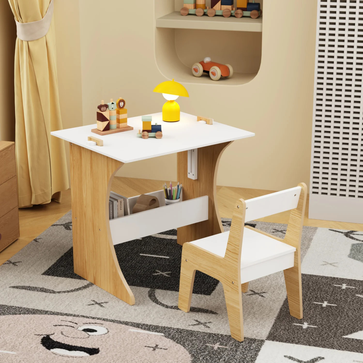 (Discontinued) Kids Table and Chair Set. 2 in 1 Kids Activity Table with Reversible Tabletop and Storage Shelf