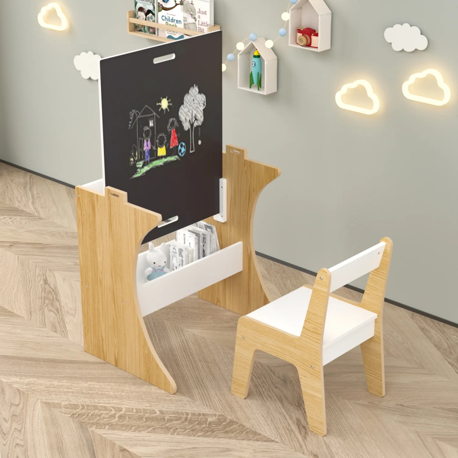 (Discontinued) Kids Table and Chair Set. 2 in 1 Kids Activity Table with Reversible Tabletop and Storage Shelf