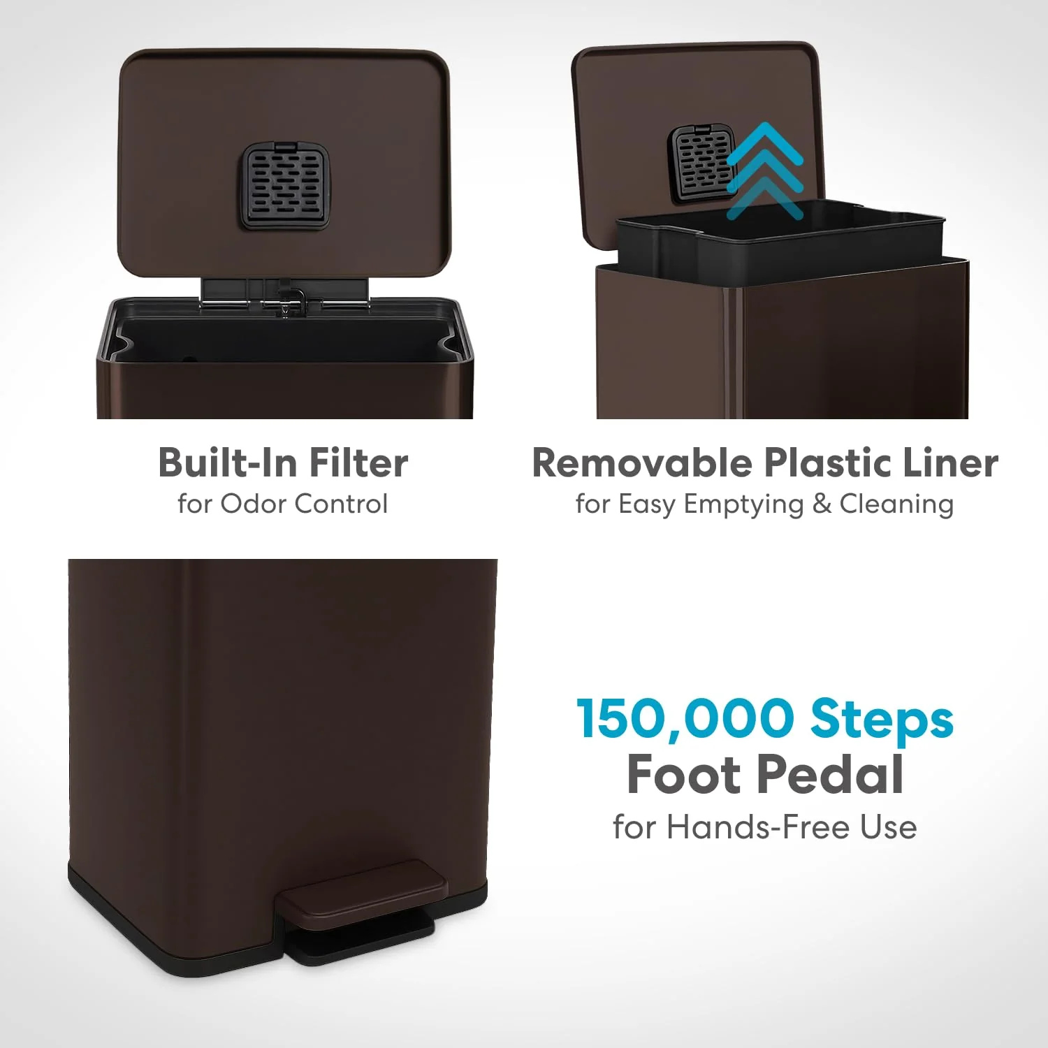 50 Liter / 13.2 Gallon Soft-Close. Smudge Resistant Trash Can with Foot Pedal and Built in Filter- Brown
