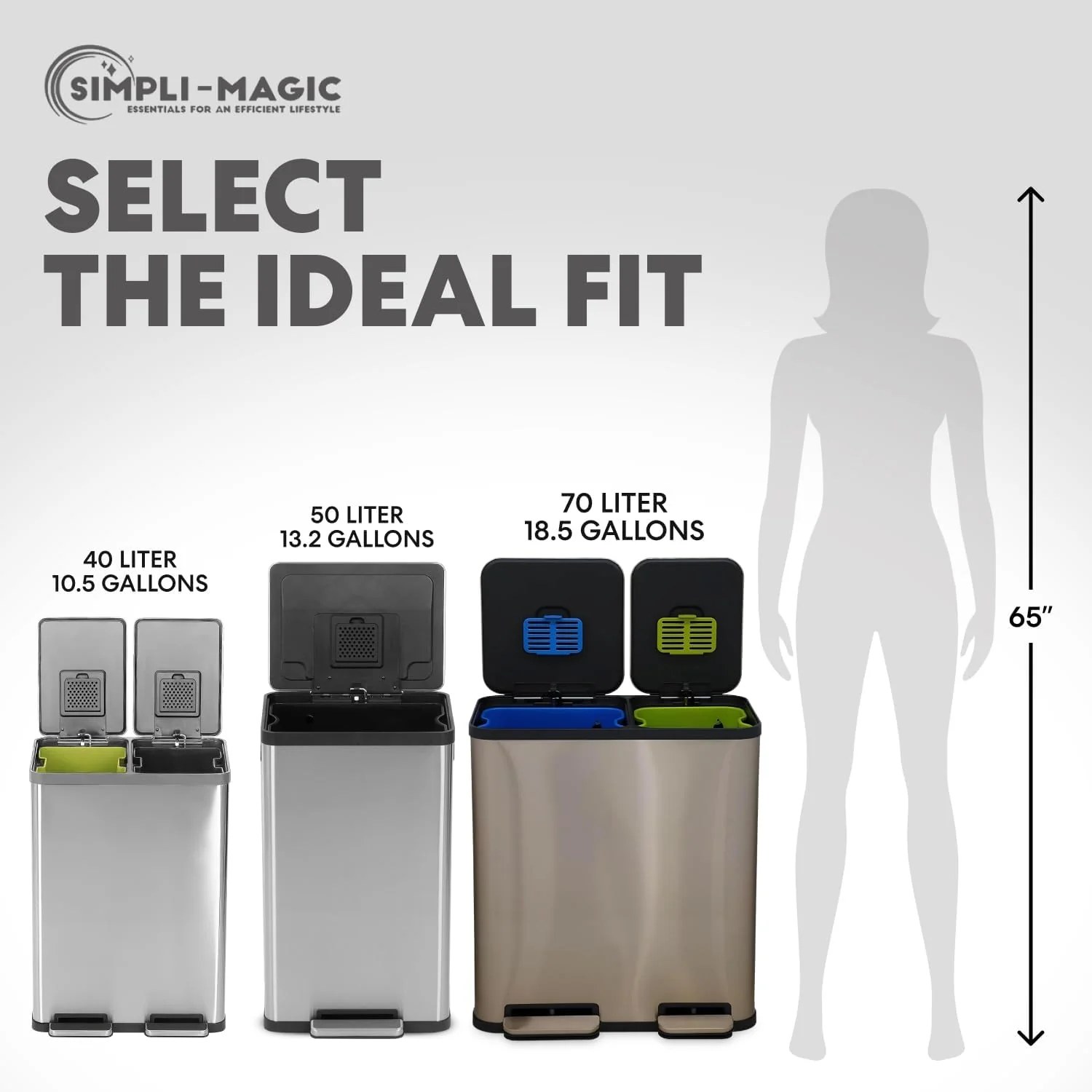 70 Liter / 18.5 Gallon Dual Compartment Recycling Trash Can – Hands-Free Kitchen Step Bin with Soft-Close Lid. Odor Filter. Stainless Steel Foot Pedal. Black Finish (40L + 30L) Rose Gold Finish