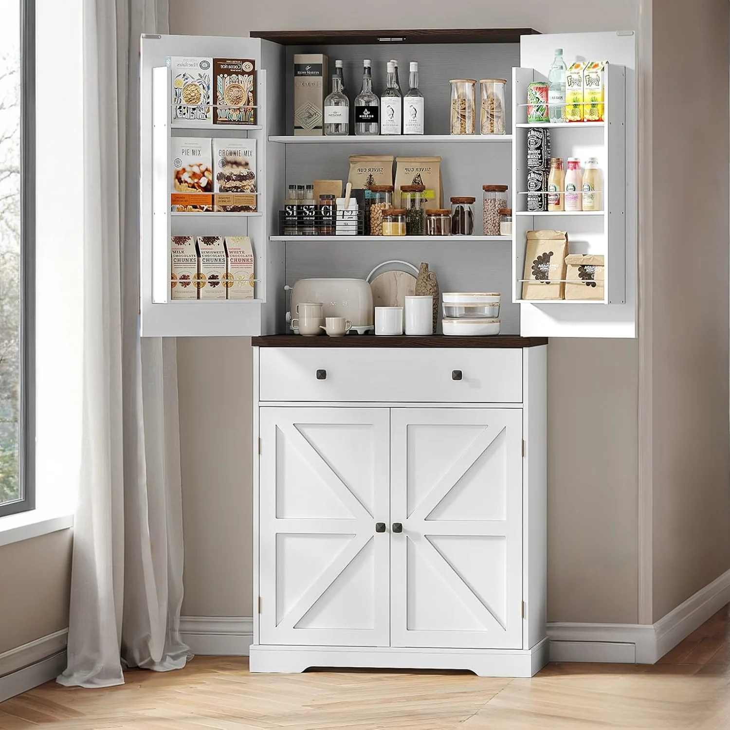 (Discontinued) 71 Inch Tall Farmhouse Pantry Cabinet Wooden Pantry Storage Sideboard. with 6 Door Shelves. Drawers. 4 Barn Doors. 2 Adjustable Shelves