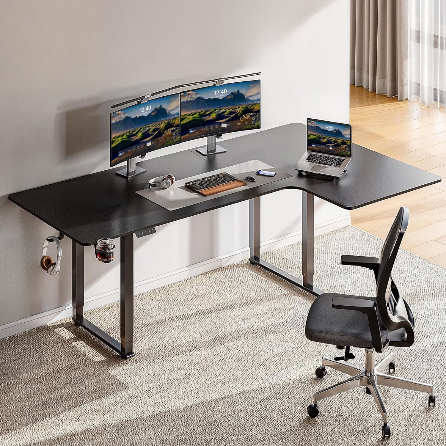 (Discontinued) L Shaped Desk Electric Standing Desk with Dual Motors and Memory Controller. 63 x 43 Inch