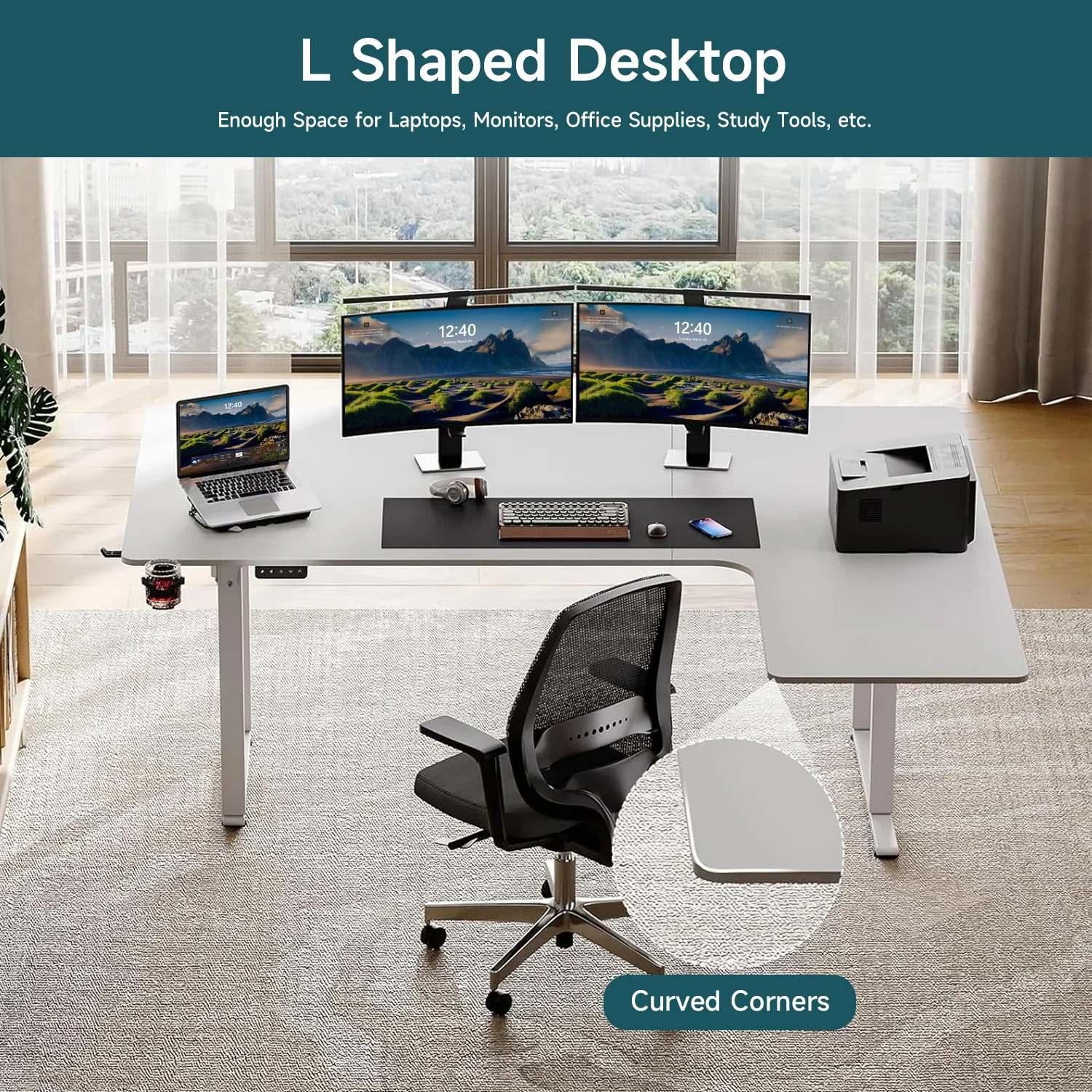 (Discontinued) L Shaped Desk Electric Standing Desk with Dual Motors and Memory Controller. 63 x 43 Inch