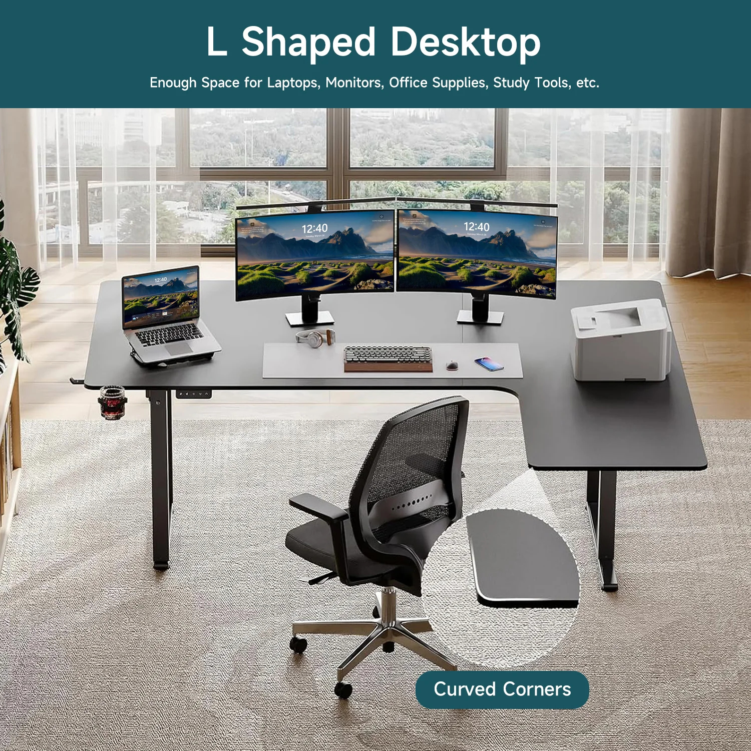 (Discontinued) L Shaped Desk Electric Standing Desk with Dual Motors and Memory Controller. 63 x 43 Inch