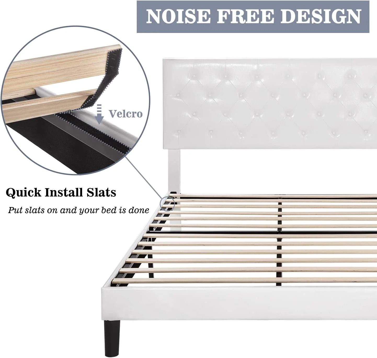 (Discontinued) Bed Frame with Adjustable Headboard Button Tufted Faux Leather Upholstered Platform Bed