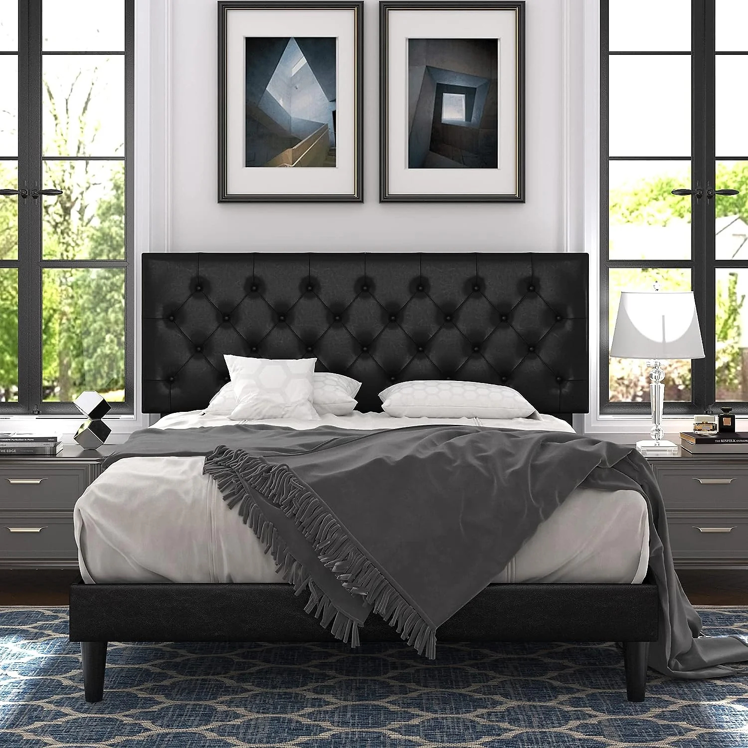 (Discontinued) Bed Frame with Adjustable Headboard Button Tufted Faux Leather Upholstered Platform Bed