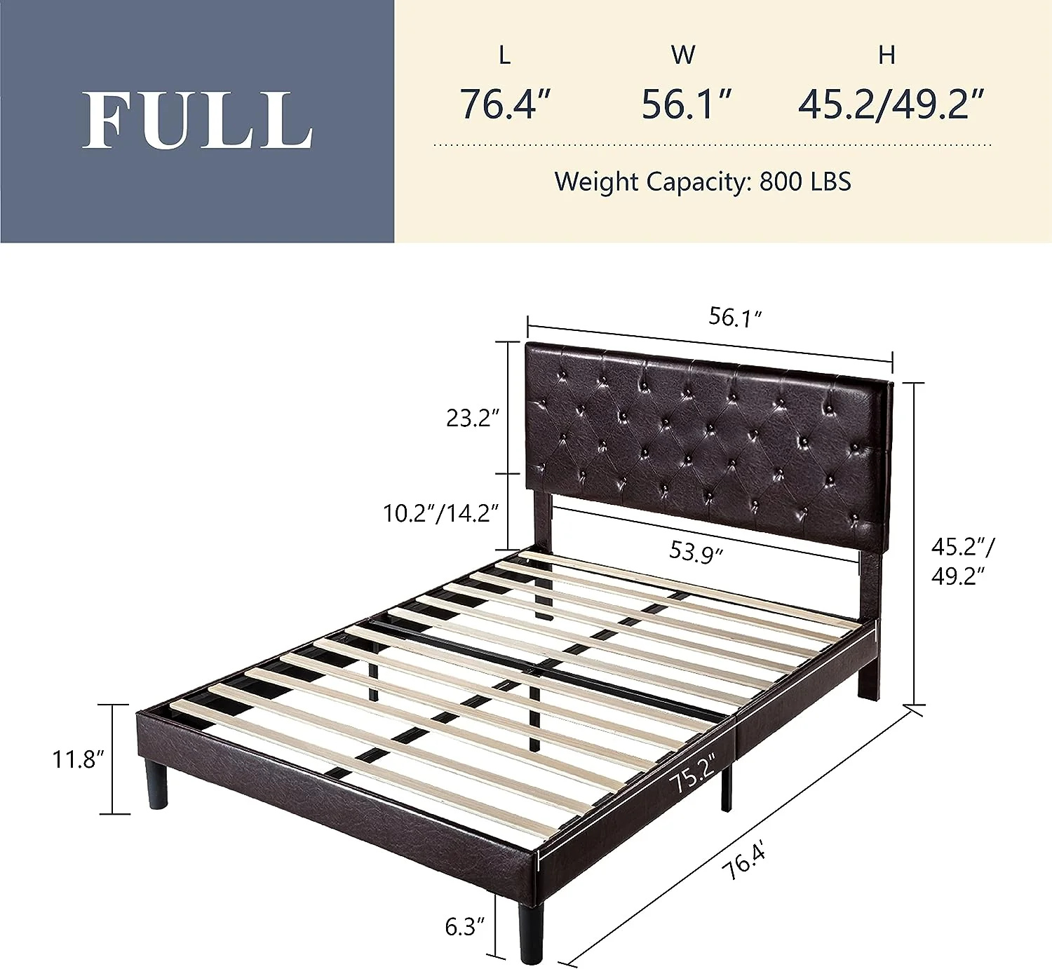 (Discontinued) Bed Frame with Adjustable Headboard Button Tufted Faux Leather Upholstered Platform Bed