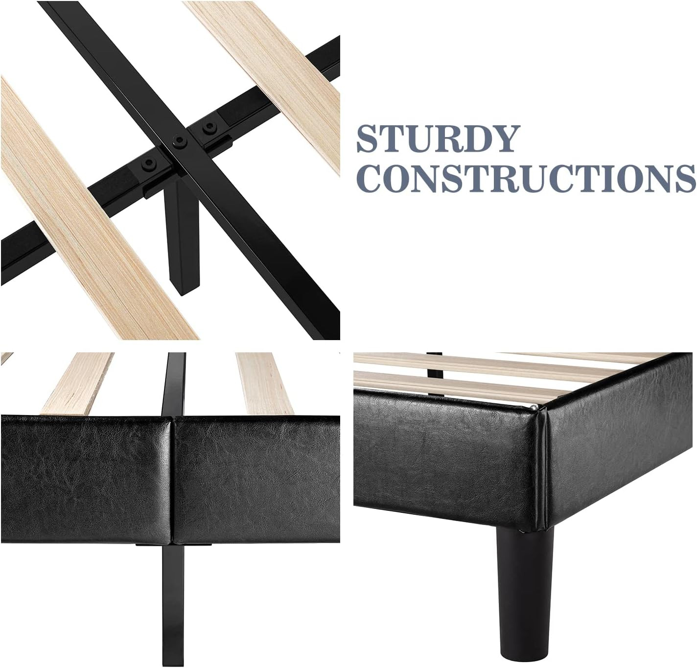(Discontinued) Bed Frame with Adjustable Headboard Button Tufted Faux Leather Upholstered Platform Bed