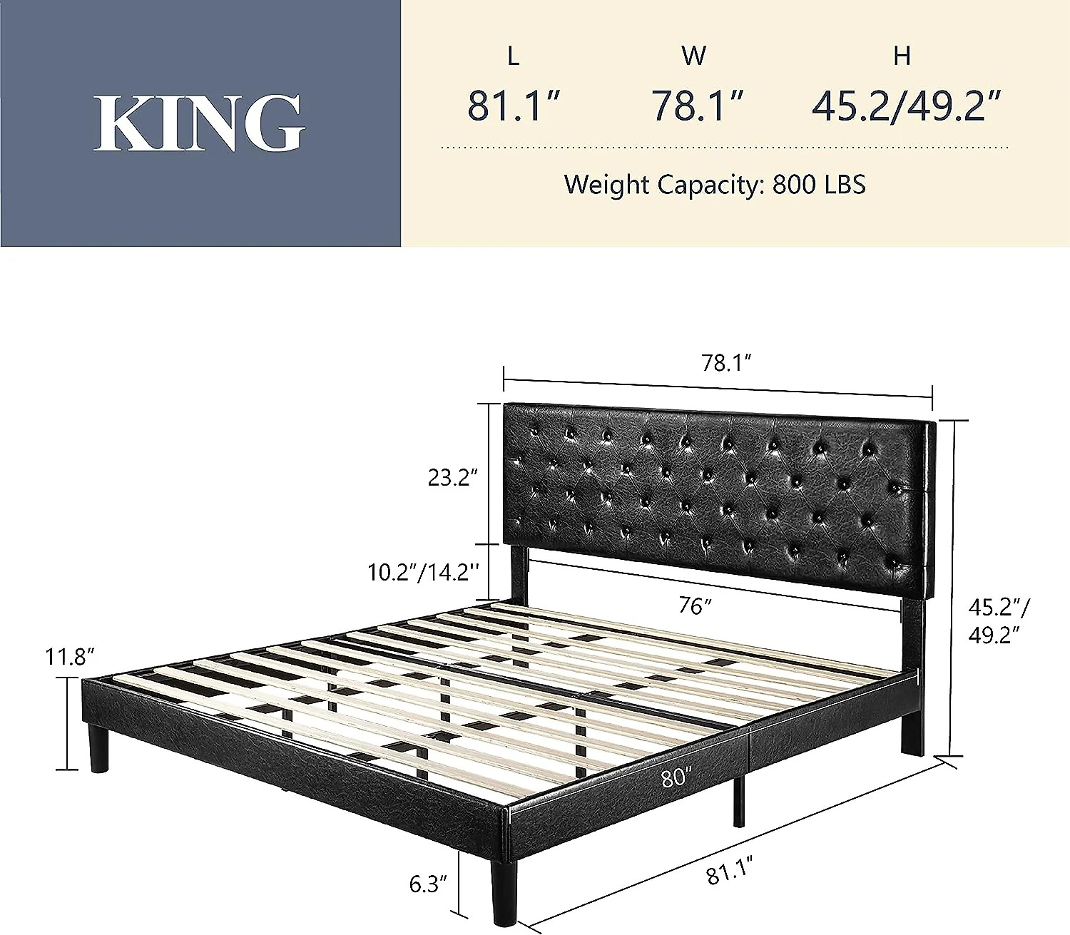 (Discontinued) Bed Frame with Adjustable Headboard Button Tufted Faux Leather Upholstered Platform Bed