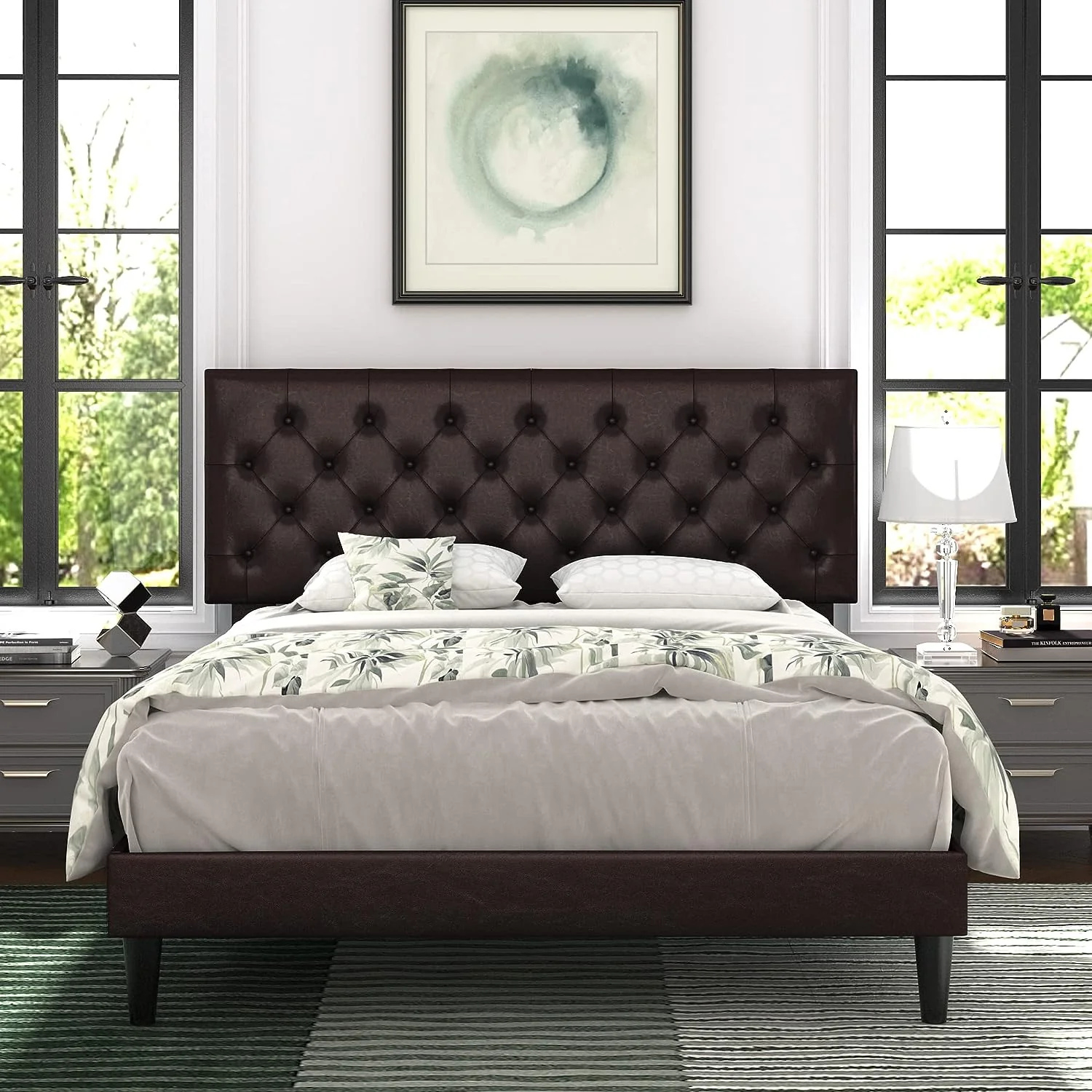 (Discontinued) Bed Frame with Adjustable Headboard Button Tufted Faux Leather Upholstered Platform Bed