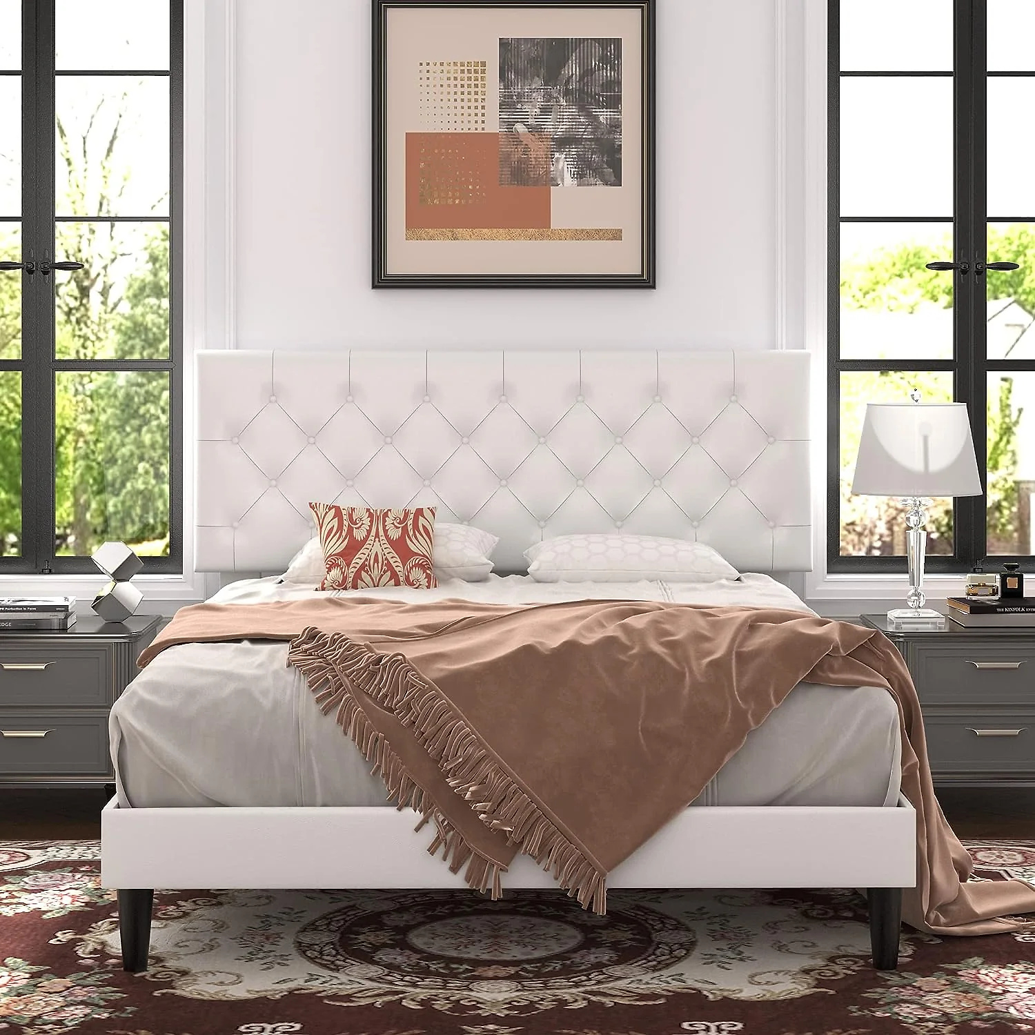 (Discontinued) Bed Frame with Adjustable Headboard Button Tufted Faux Leather Upholstered Platform Bed