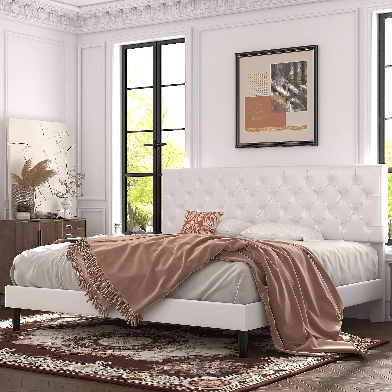 (Discontinued) Bed Frame with Adjustable Headboard Button Tufted Faux Leather Upholstered Platform Bed