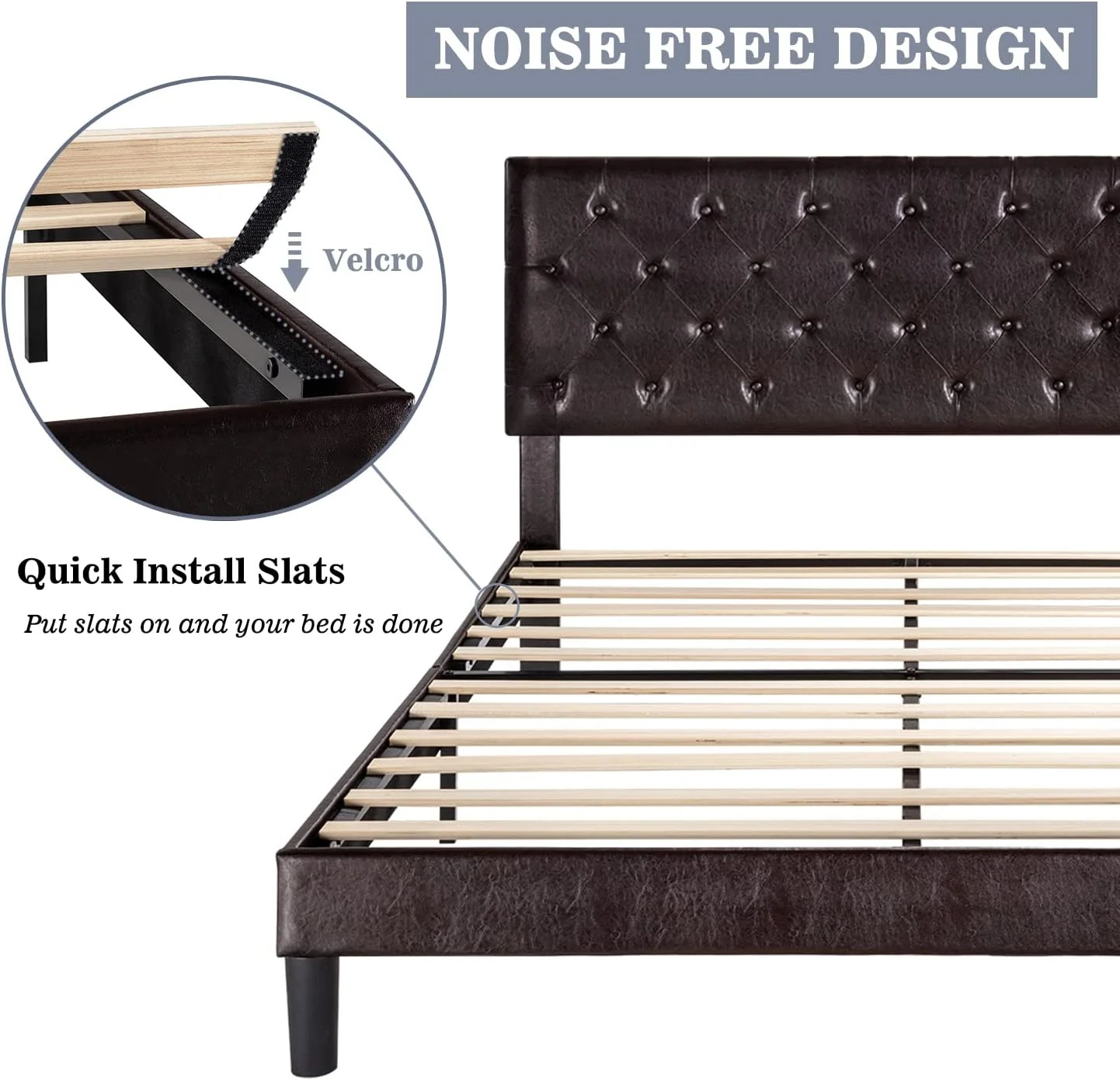(Discontinued) Bed Frame with Adjustable Headboard Button Tufted Faux Leather Upholstered Platform Bed