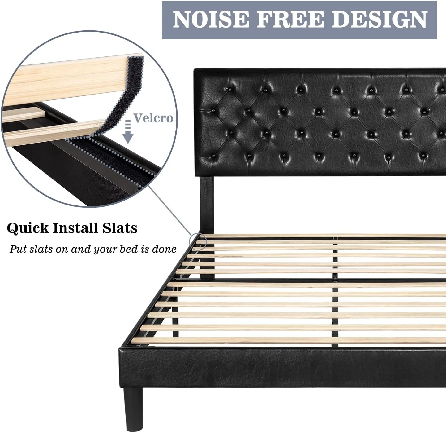 (Discontinued) Bed Frame with Adjustable Headboard Button Tufted Faux Leather Upholstered Platform Bed