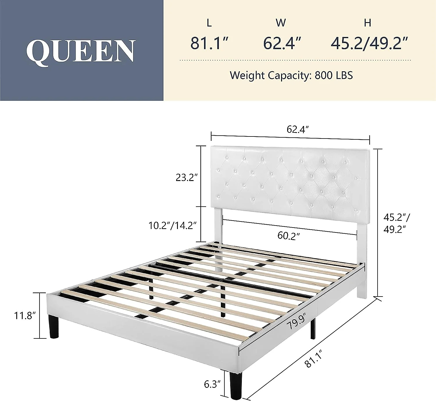 (Discontinued) Bed Frame with Adjustable Headboard Button Tufted Faux Leather Upholstered Platform Bed
