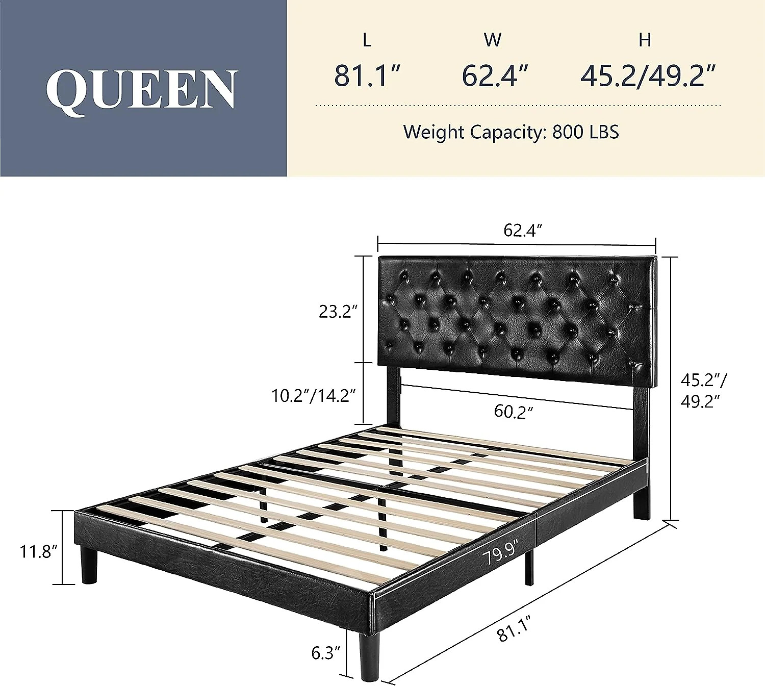 (Discontinued) Bed Frame with Adjustable Headboard Button Tufted Faux Leather Upholstered Platform Bed