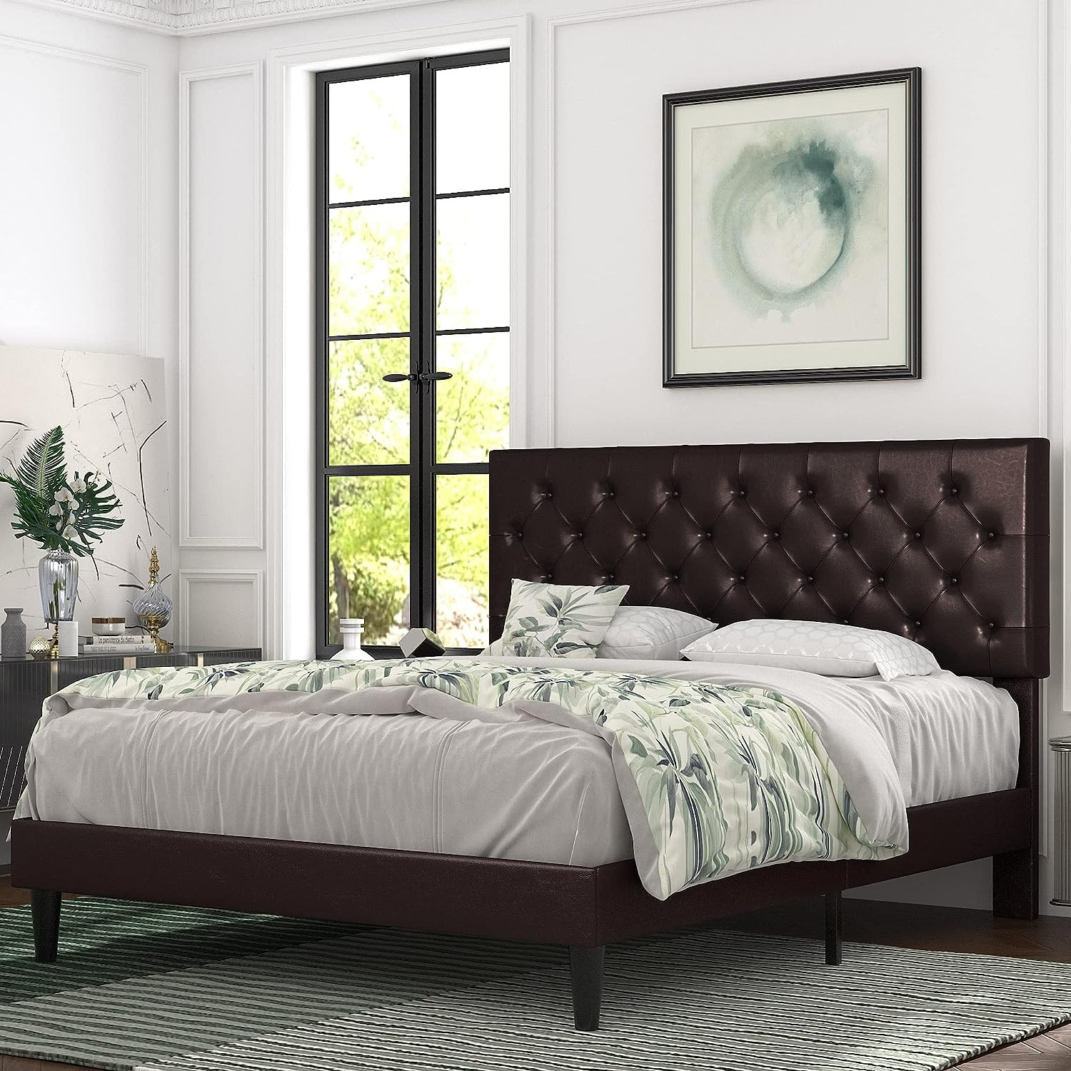 (Discontinued) Bed Frame with Adjustable Headboard Button Tufted Faux Leather Upholstered Platform Bed