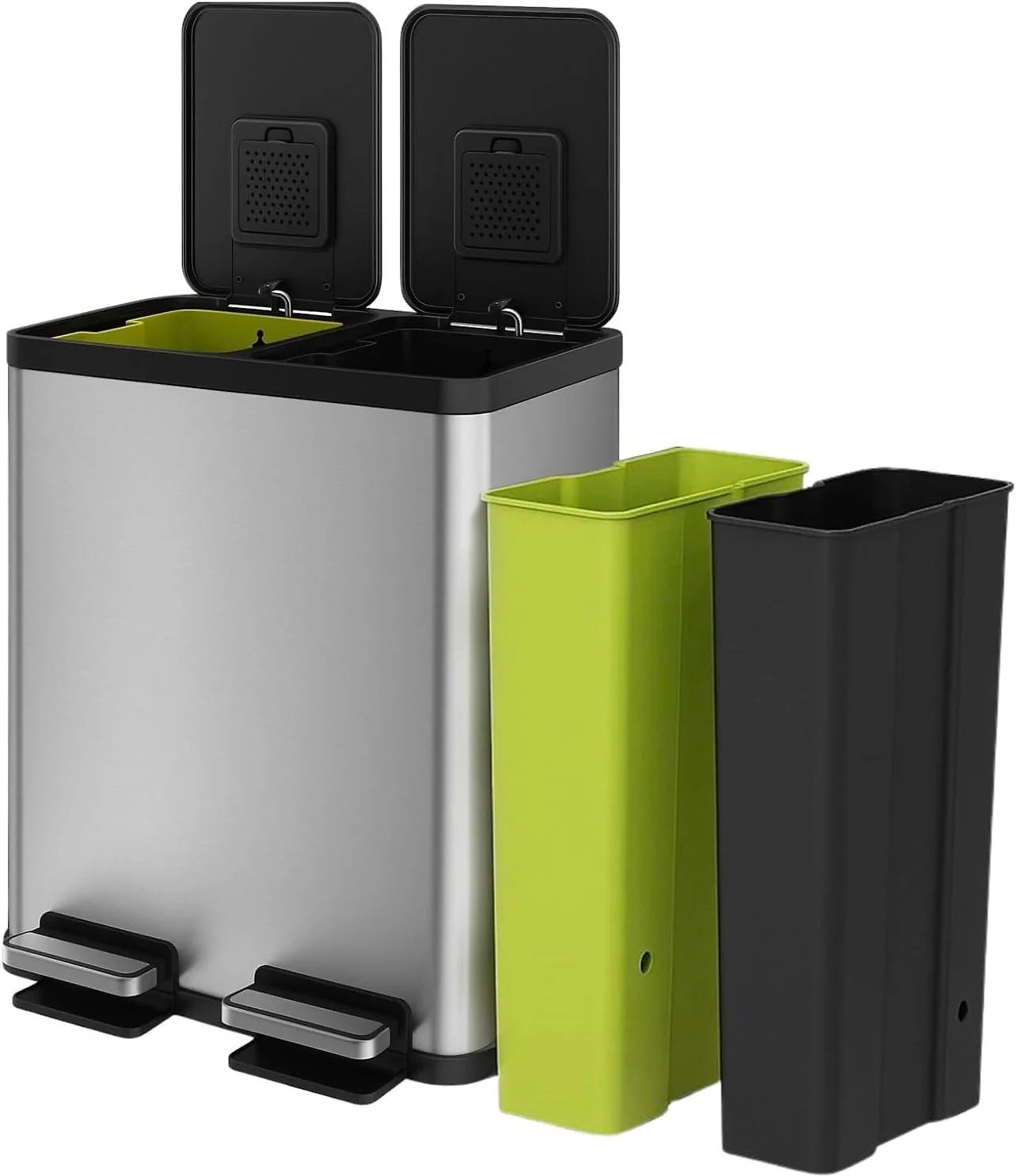 SIMPLI-MAGIC 16 Gallon (30L x 30L) Dual Compartment Step Trash Can – Kitchen Garbage Can With Slow-Close Lids – Waste & Recycling Bins. Odor Control. Hands-Free. Easy to Clean. Stainless Steel