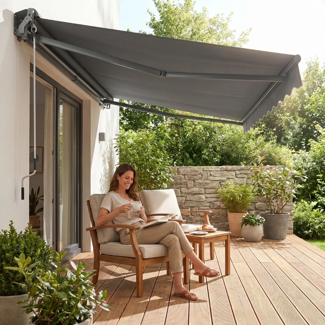 10×8 ft Manual Retractable Patio Awning with Adjustable Crank