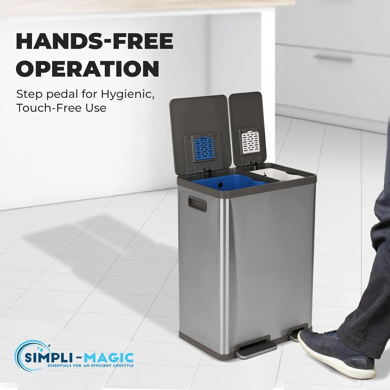 SIMPLI-MAGIC 16 Gallon (38L x 22L) Dual Compartment Step Trash Can – Kitchen Garbage Can With Waste & Recycling Bins – Slow-Close Lid. Odor Control. Hands-Free. Easy to Clean. Brushed Stainless Steel