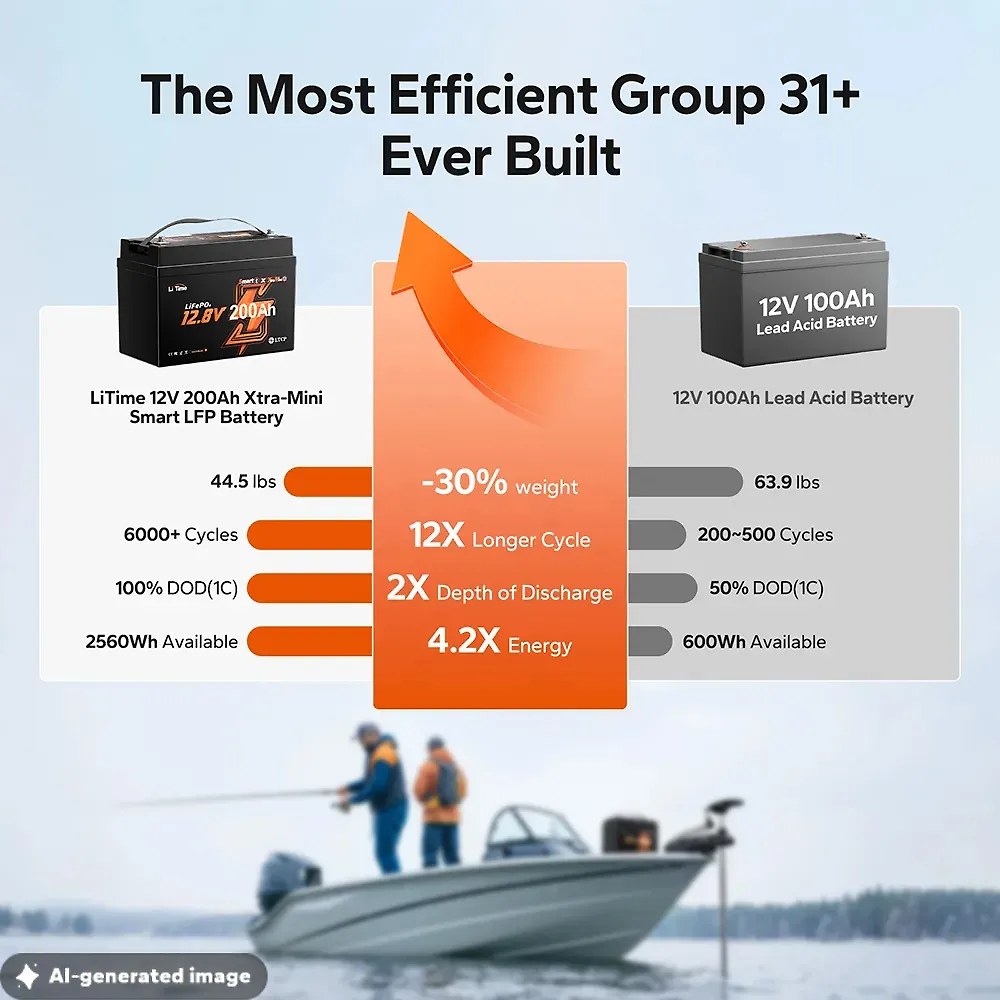 LiTime 12V 200Ah Xtra Mini Group 31 Lithium Battery for Marine and Trolling Motor