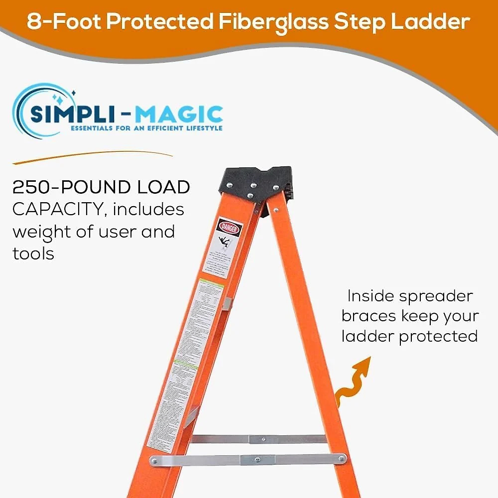 8-Foot Fiberglass Step Ladder. 250 LBS Capacity – 2024 Upgraded. Anti-Slip Rubber Feet. Lightweight & Durable Ladder for Home. Garage & Construction