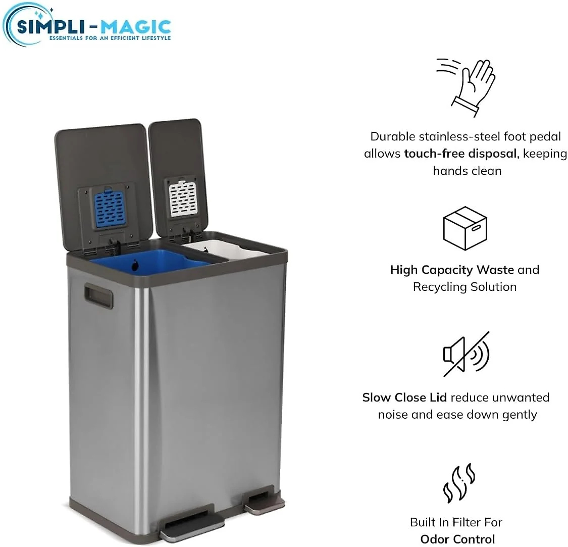 SIMPLI-MAGIC 16 Gallon (38L x 22L) Dual Compartment Step Trash Can – Kitchen Garbage Can With Waste & Recycling Bins – Slow-Close Lid. Odor Control. Hands-Free. Easy to Clean. Brushed Stainless Steel
